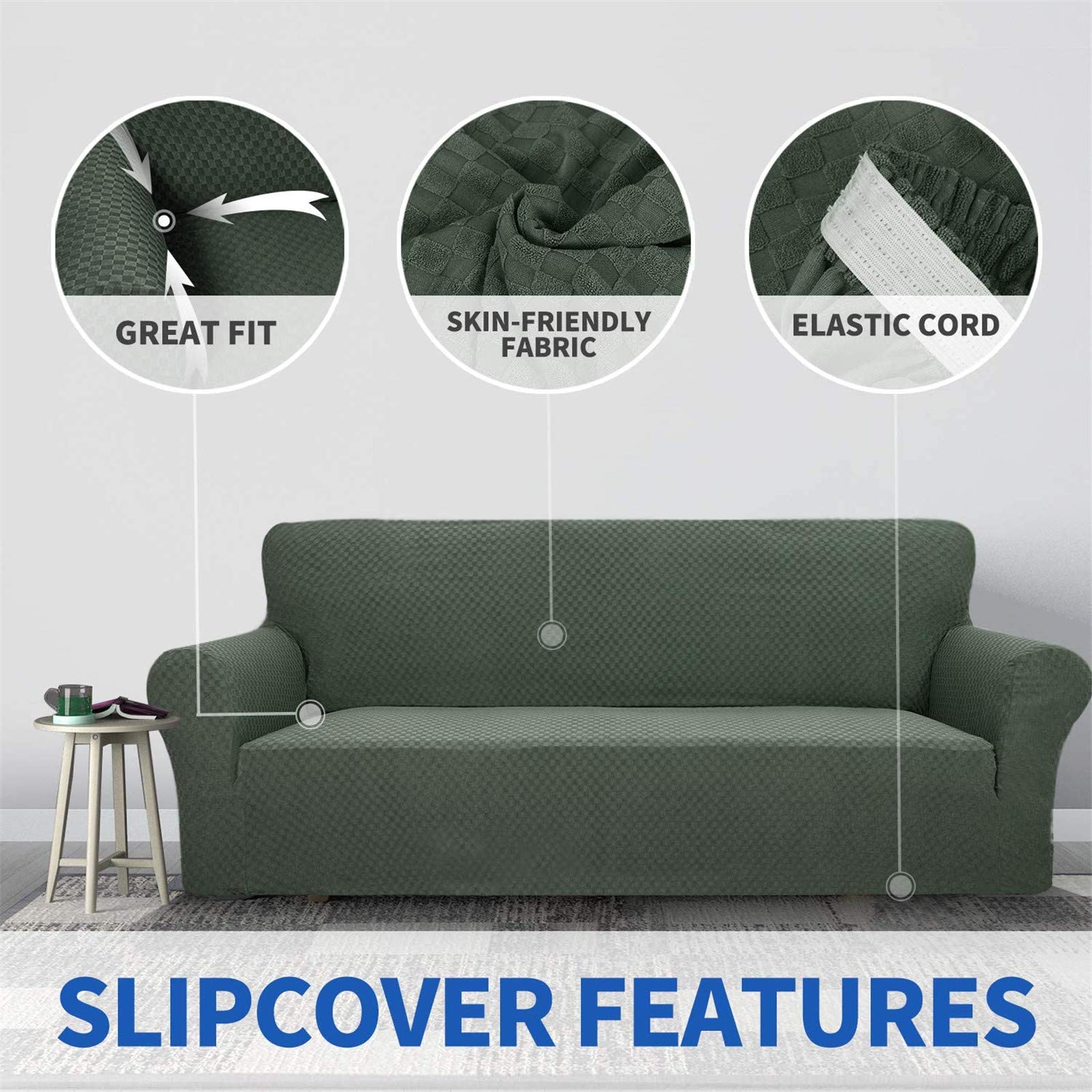 Sofabezug aus Stretch-Jacquard, super Stretch, rutschfest, Stuhlbezug mit Armlehnen, Hundefreundlich, 1 Stück, elastischer Sofa-Schonbezug (1-Sitzer, Armeegrün)