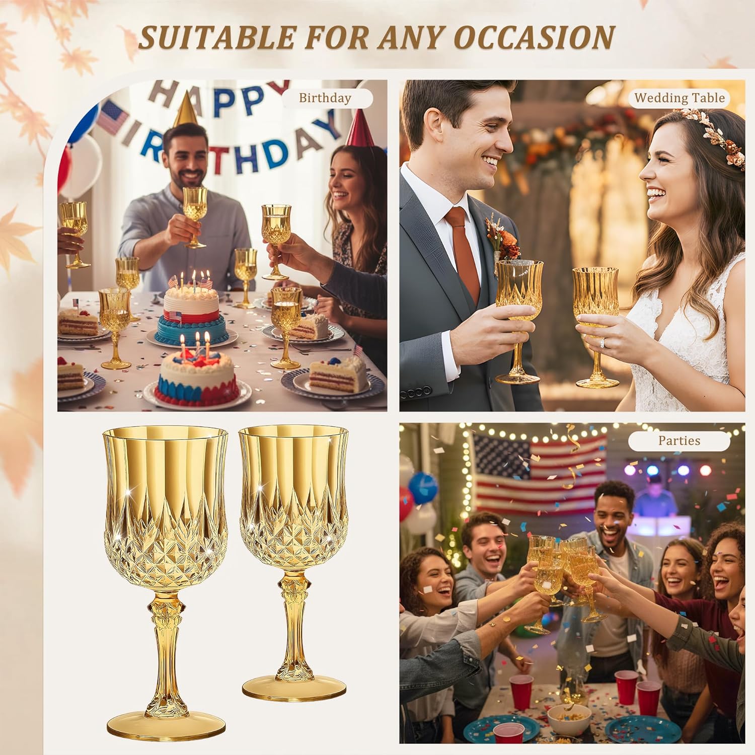 7OZ Plastic Wine Glasses, Disposable Goblets Drinking Glasses Crystal Vintage Water Cups Unbreakable Champagne for Valentine’s Day, Wedding, Parties (24, Gold) - Image 6