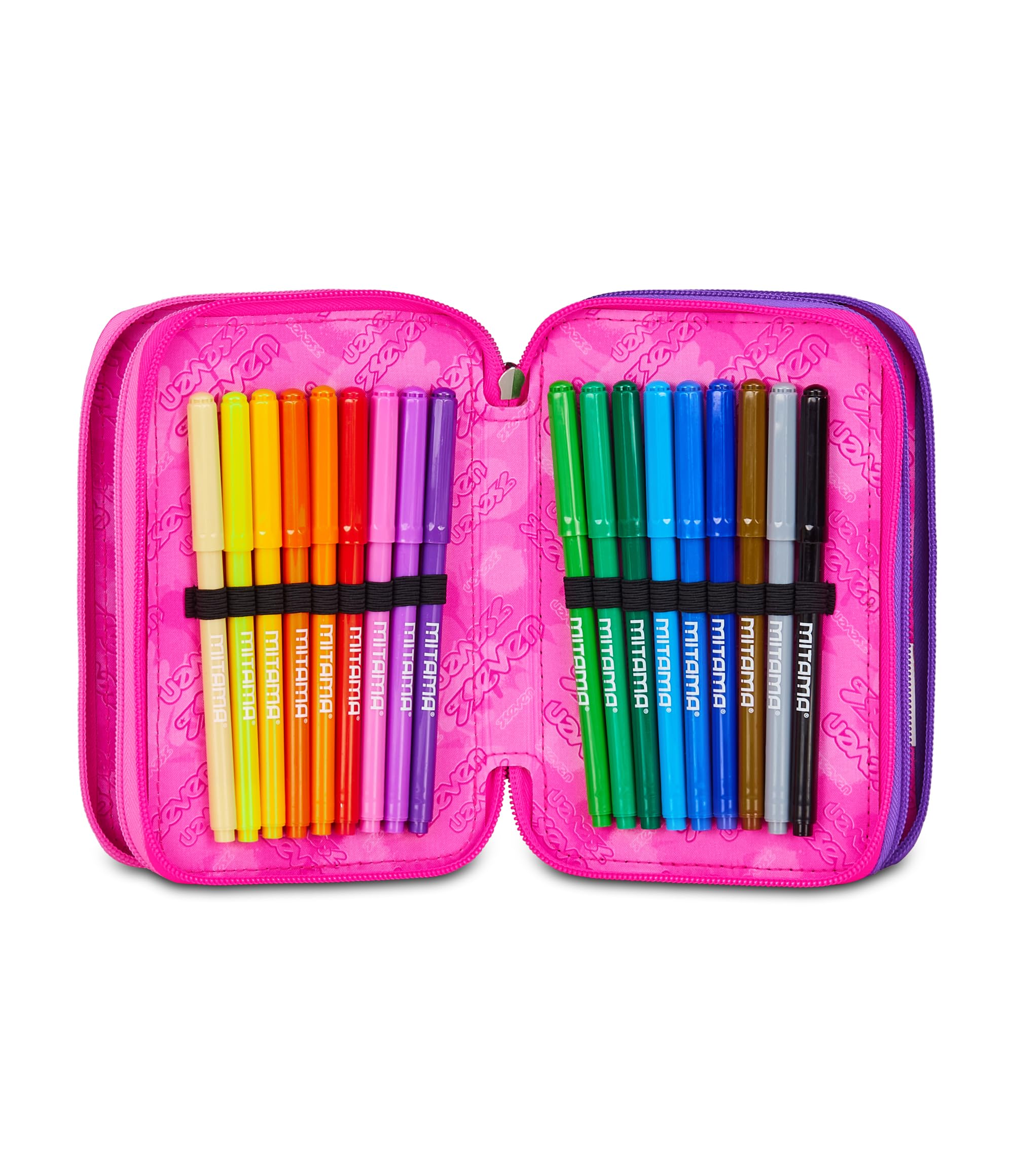Seven Bundle Zaino Doppio Scomparto Estensibile, Rosa, Schienale Preformato, Bambina e Ragazza, Scuola + Astuccio 3 Zip, Rosa, Portapenne Triplo Scomparto Completo Di Penne, Matite, Colori