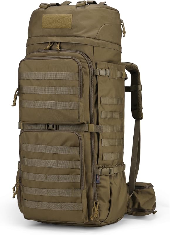 Mochilas con marco interno de senderismo Molle de 75 L con cubierta para la lluvia para acampar, hacer mochileros y viajar (caqui)
