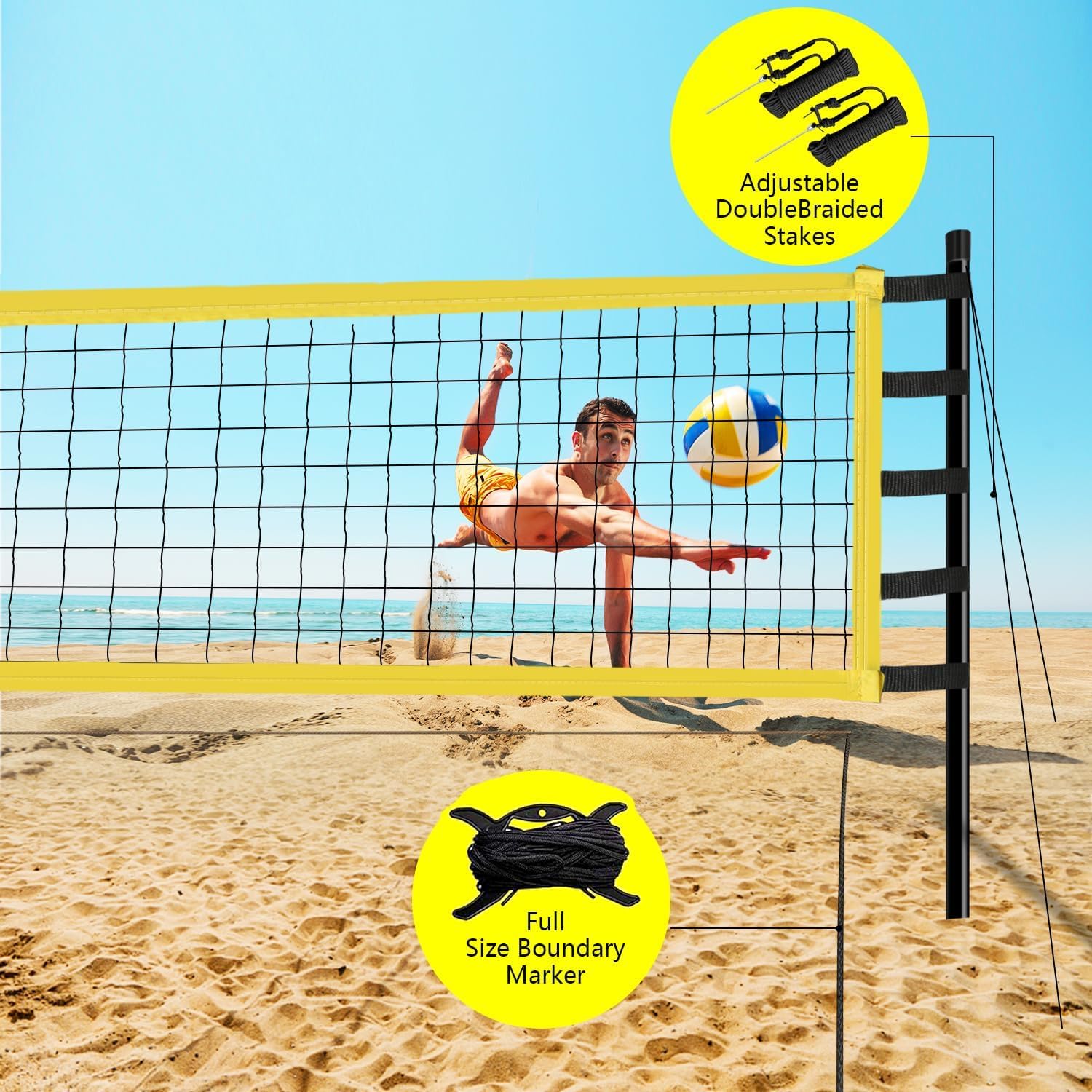 Volleyball Net Set, 9.5 m x 1 m, Beach Volleyball Set, Foldable Volleyball, Complete Net Set with Steel Poles, Field Marker, Volleyball and Free Carry Bag, Volleyball Lines, Height Adjustable