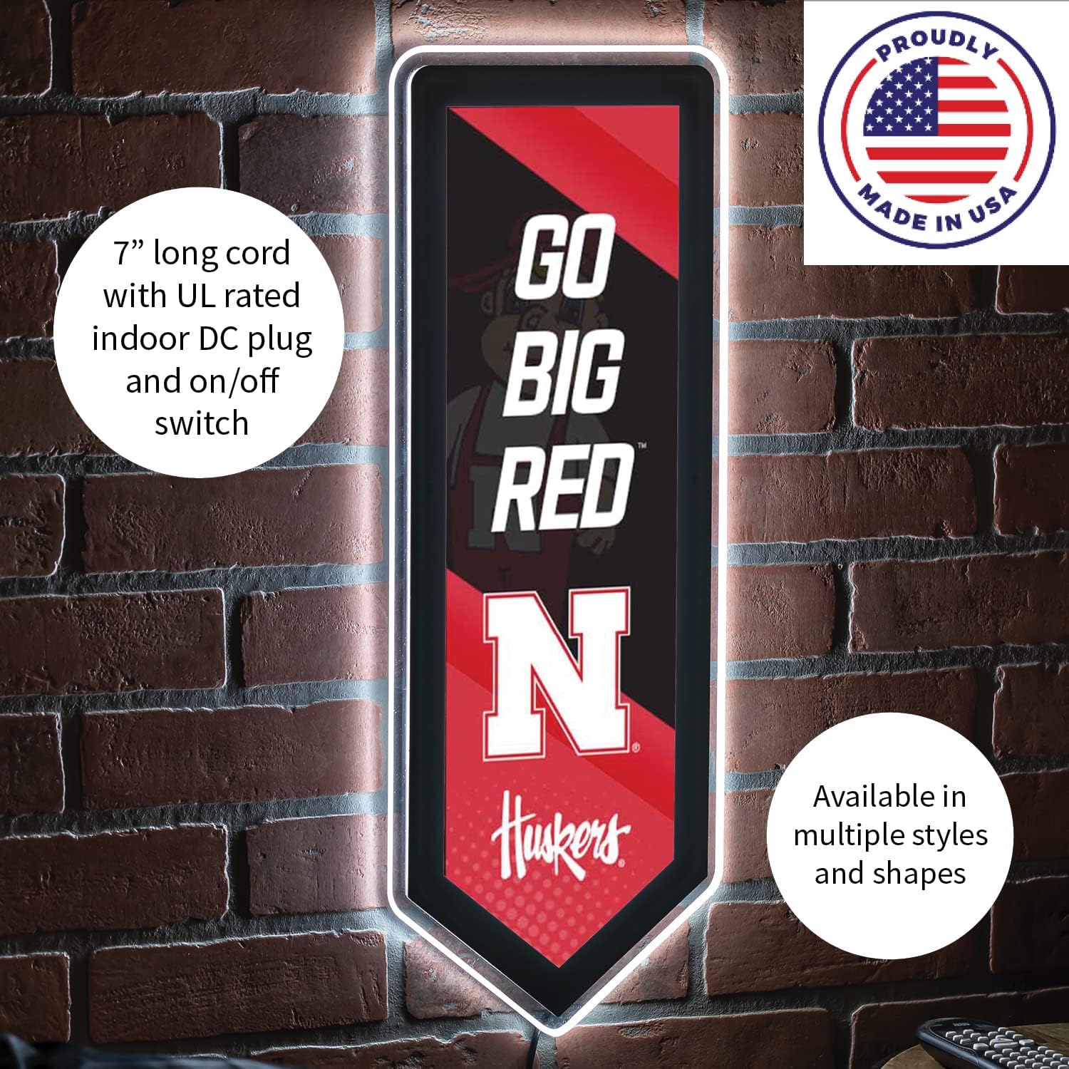 Team Sports America Evergreen NCAA University of Nebraska | Ultra-Thin LED Light Wall Sign Decor | Large Pennant Banner | 9 x 23 Inches | Made in the USA