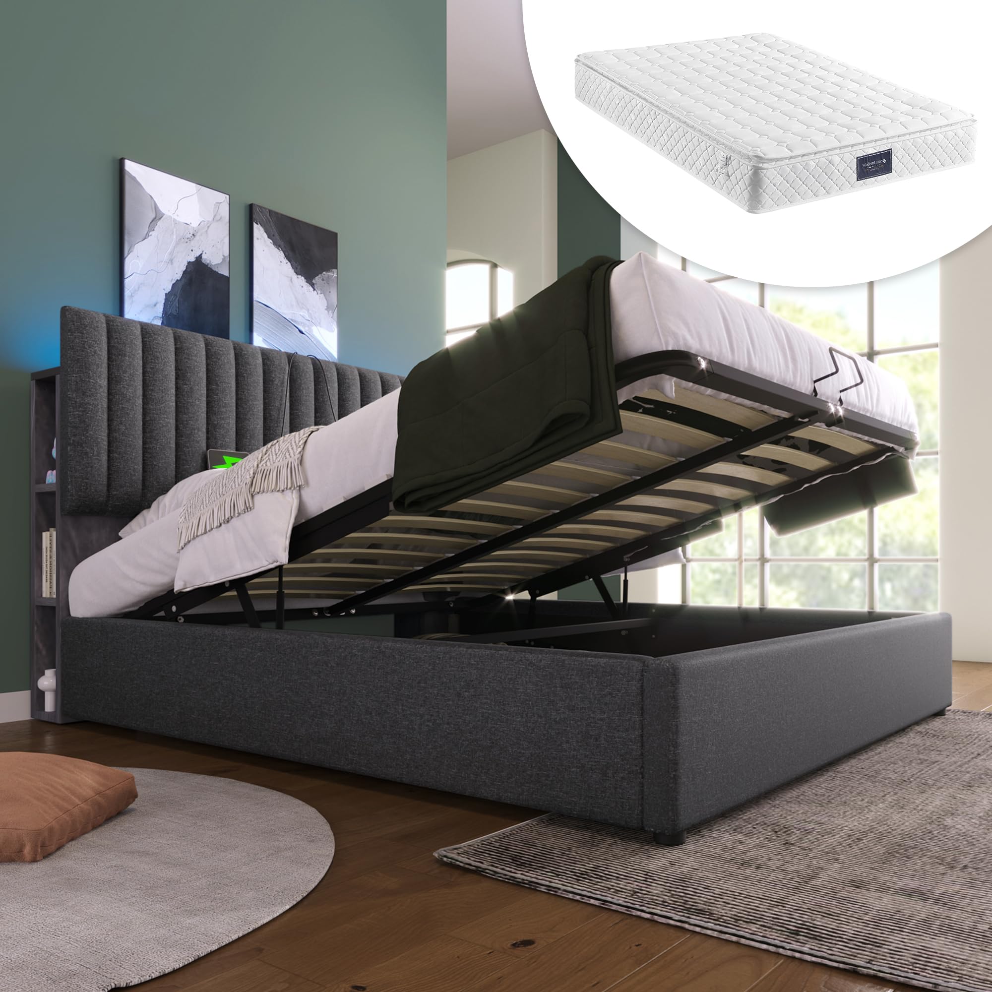 Letto imbottito idraulico con ricarica USB Tipo C e controllo tramite app LED bed matrimoniale testiera regolabile con vano portaoggetti letti contenitore ospiti grigio con materasso 140x200 cm