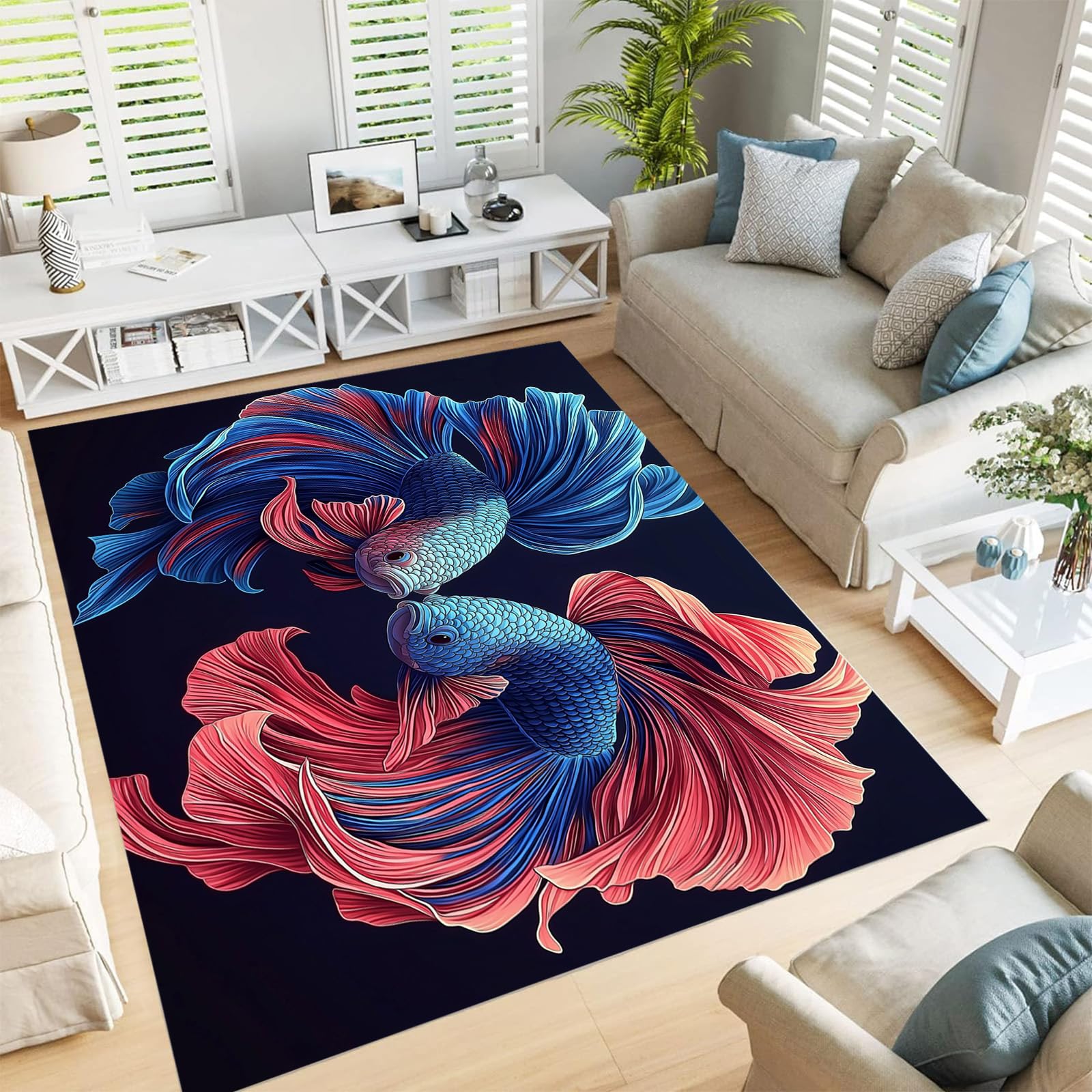 Tapis salon rouge clair lavable, moquette poils courts poissons 200x300