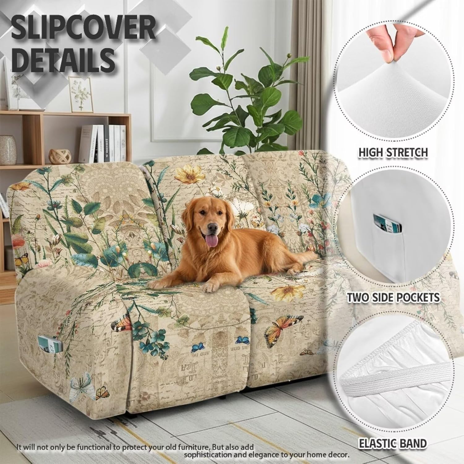 3 Seat Recliner Covers Floral Patterned Furniture Protection for Recliners 3 Seater, Washable Reclining Couch Cover Soft, Easy to Clean
