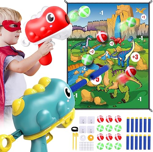 Shooting Games - Juguetes de dinosaurio 3 en 1, juguetes de tablero de dardos para exteriores para niños de 3 a 5 6 a 8 años con bolas adhesivas,