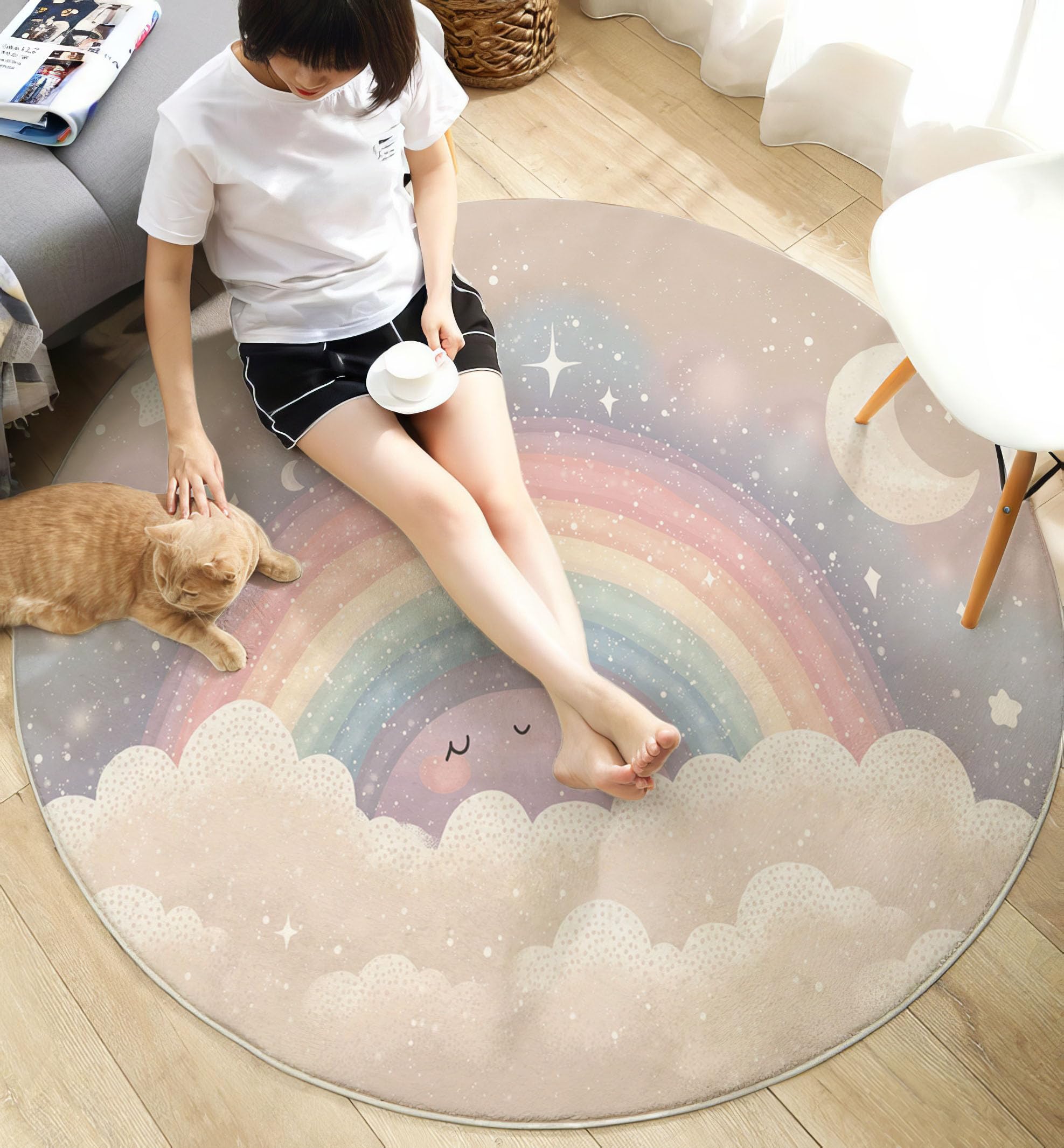 Tapis Rond Étoiles Lune Arc-en-Ciel, Style Aquarelle Onirique Lavable en Machine pour Chambre d'enfants Salle De Jeux (120cm, Multicolore)