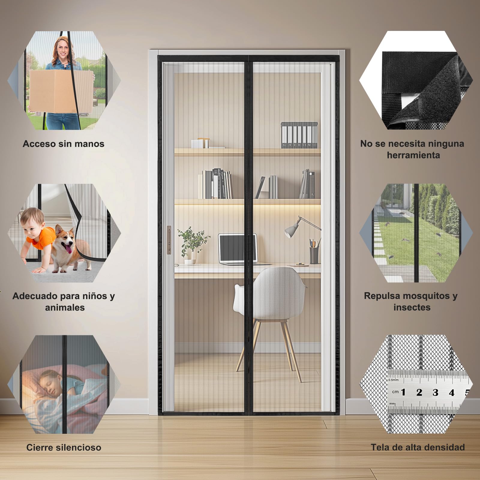 Marca: SAILIMAY Mosquitera Puerta Magnética 60x200 cm, Cierre Automático, Instalación Sin Taladrar, Cortina Mosquitera Puerta Exterior Resistente al Viento, Tallas Múltiples (Negro) in use