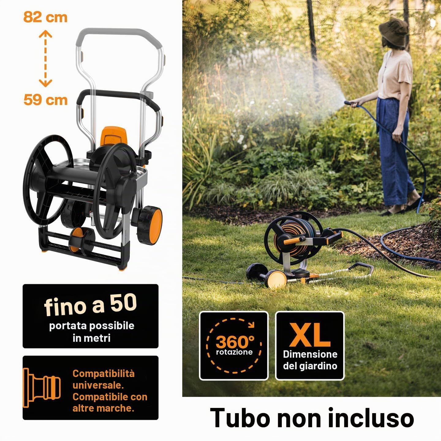 Fiskars Carrello Avvolgitubo Manuale XL con Ruote, Senza Tubo