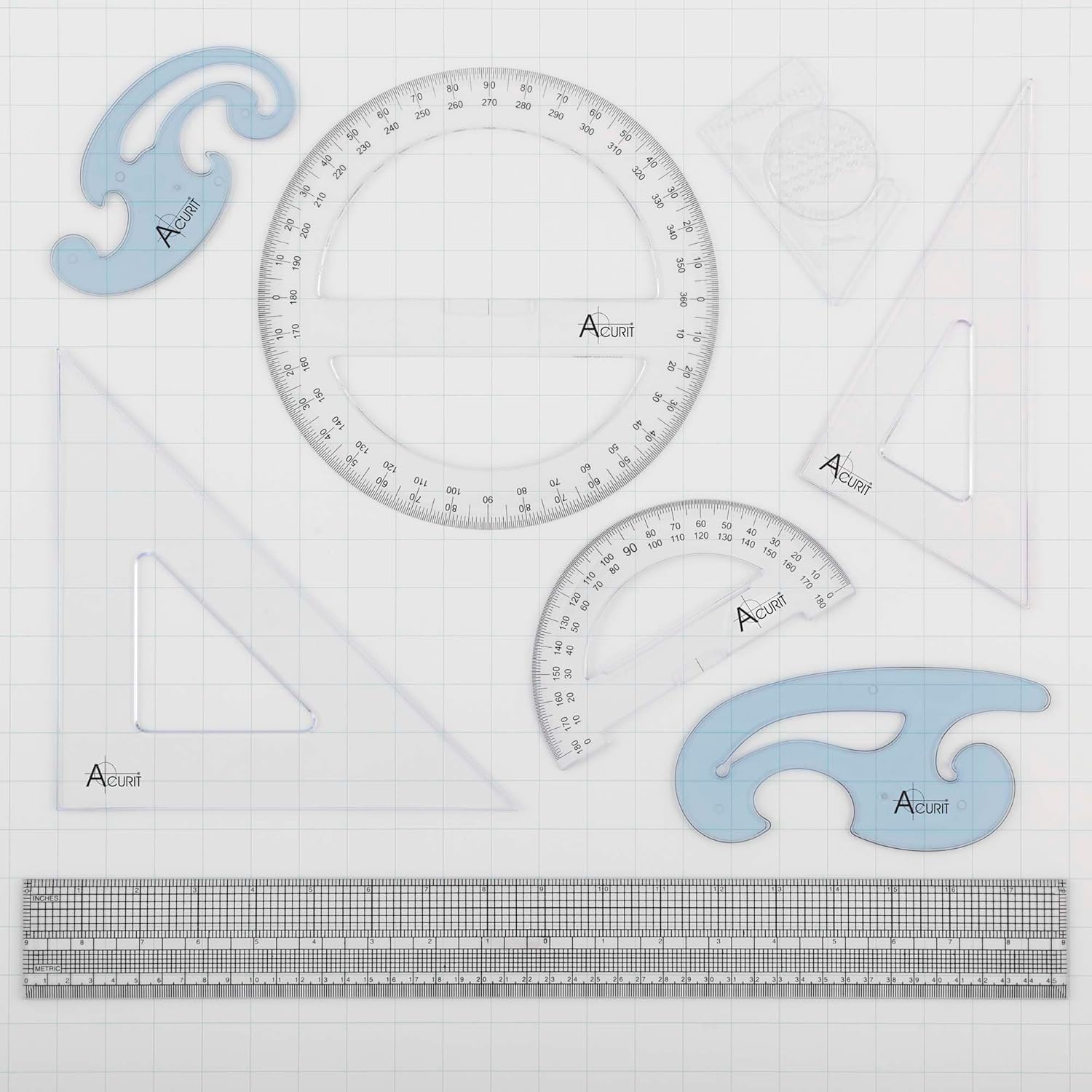 Acurit Drafting Beginner Set - Drafting Tools & Supplies - 7-Piece Drafting Kit for Artists, Architects- Includes Metric Triangles, 8" Protractor, French Curves, Ruler, Pencils & More