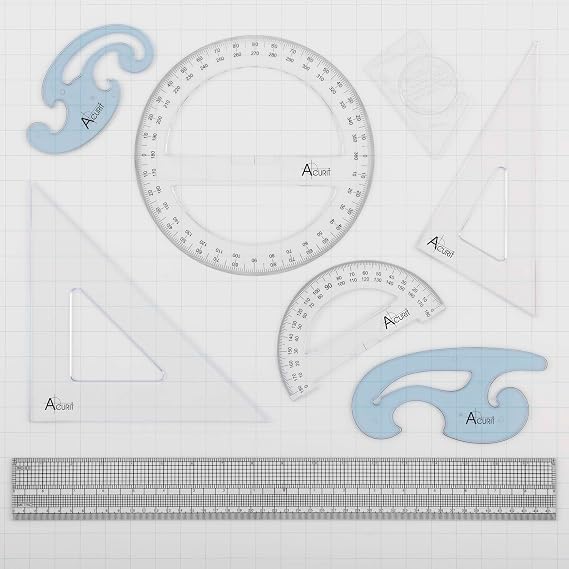 Acurit Drafting Beginner Set - Drafting Tools & Supplies - 7-Piece Drafting Kit for Artists, Architects- Includes Metric Triangles, 8 Protractor, French Curves, Ruler, Pencils & More
