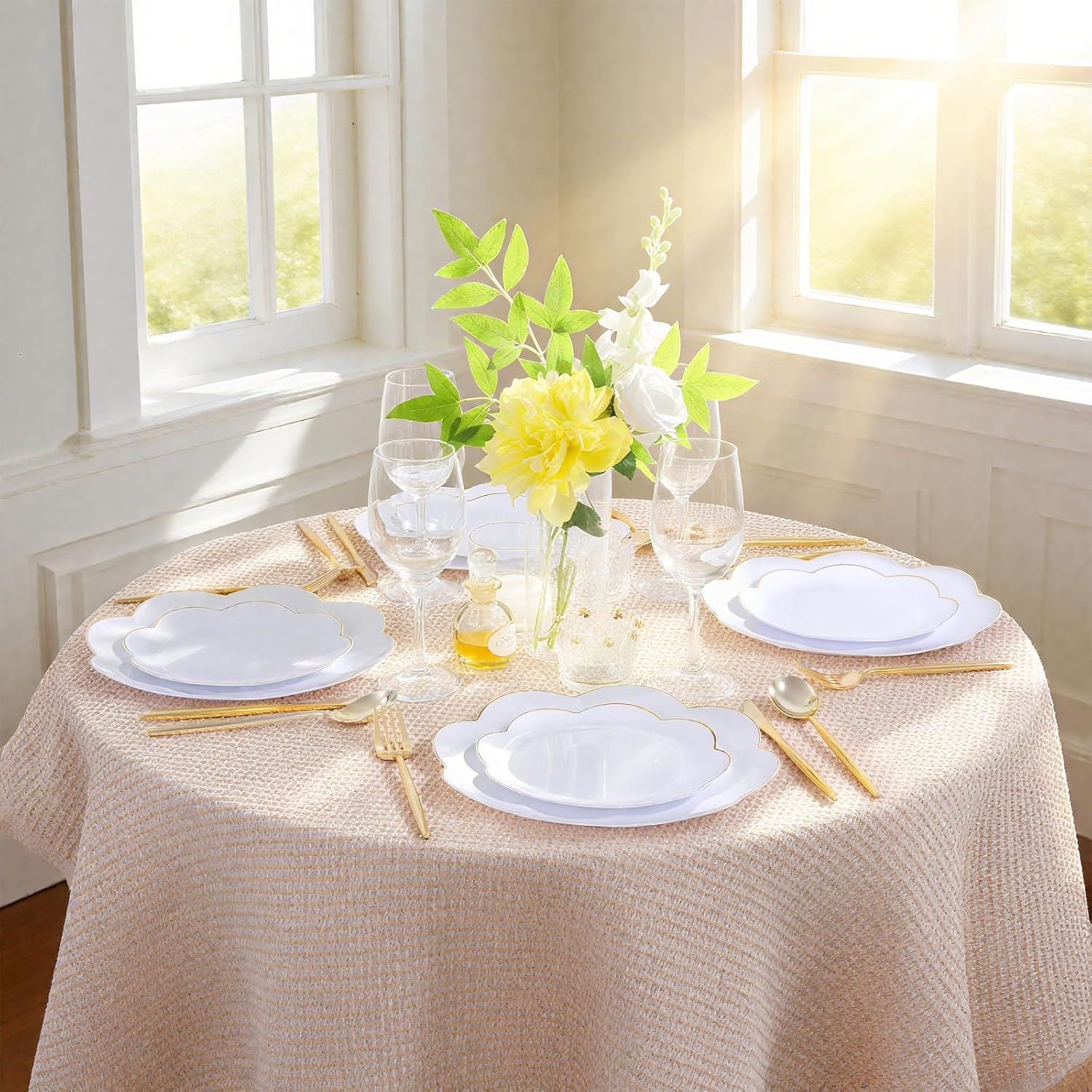 LIYH 100 Pcs White Plastic Plates with Gold Rim - Scalloped Plastic Disposable Plates Includes Dessert & Dinner Plate Heavy Duty Tableware Dishes for Birthday Party 50 Guests