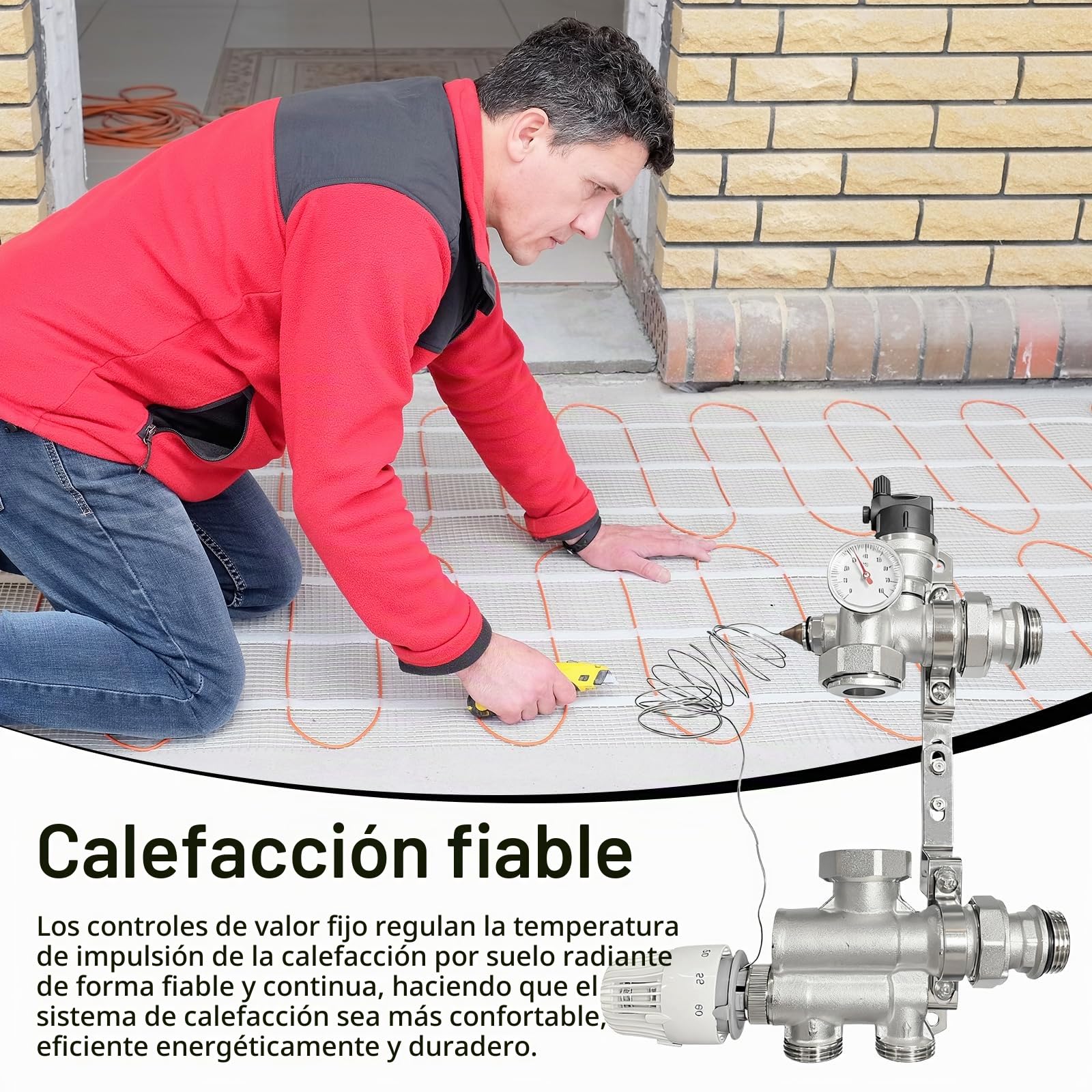 Conjunto Control Valor Fijo Para Calefacción Por Suelo Radiante, Ajustable 20 A 70 °C Con Válvula Mezcladora Y Cabezal Termostático Indicador Temperatura Para Calefacción Central Colector (Sin Bomba)