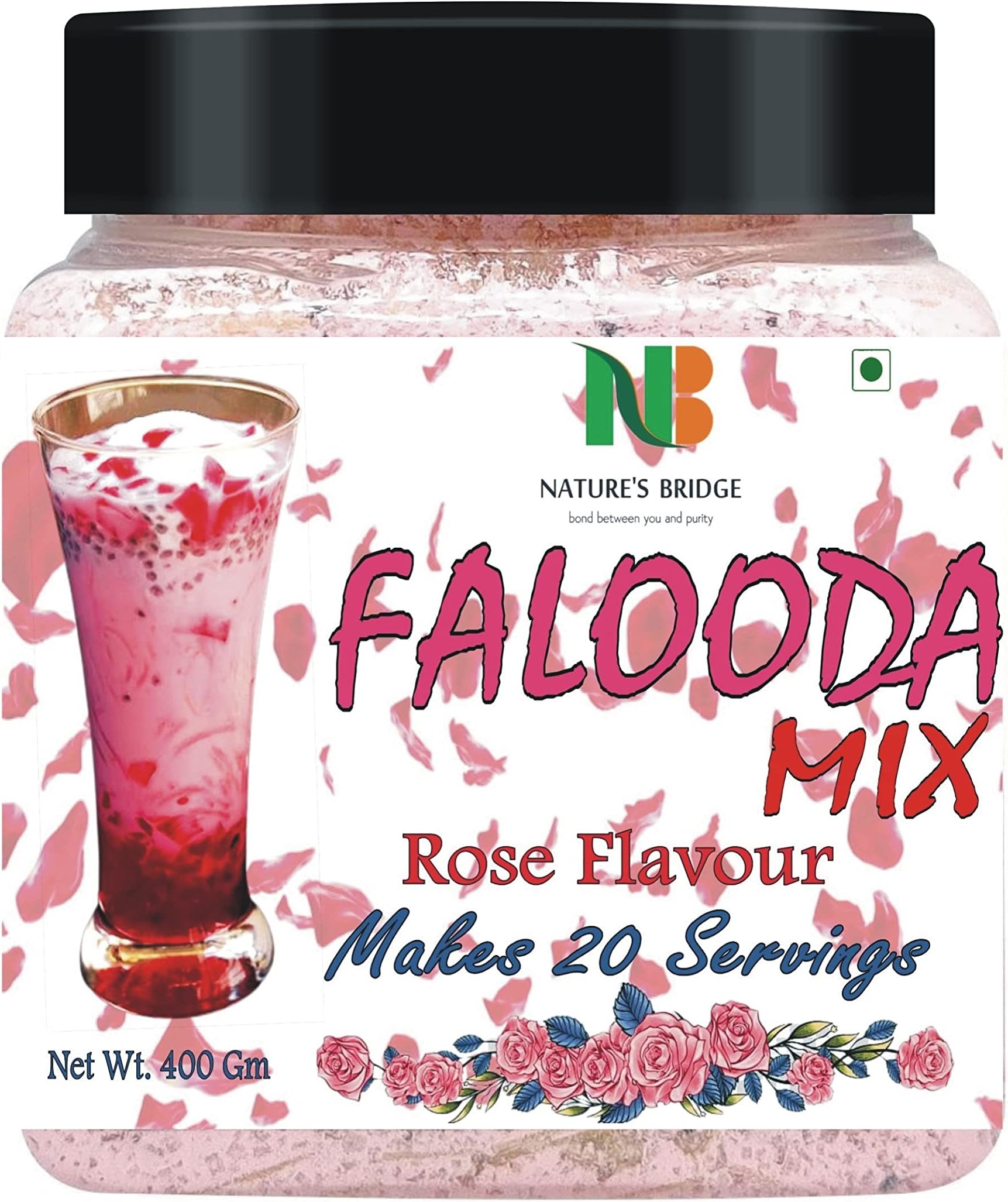 Nature's Bridge Falooda Mix Rose Flavour / Falooda Mix / Rose Falooda 20 Servings - 400 Gm Jar