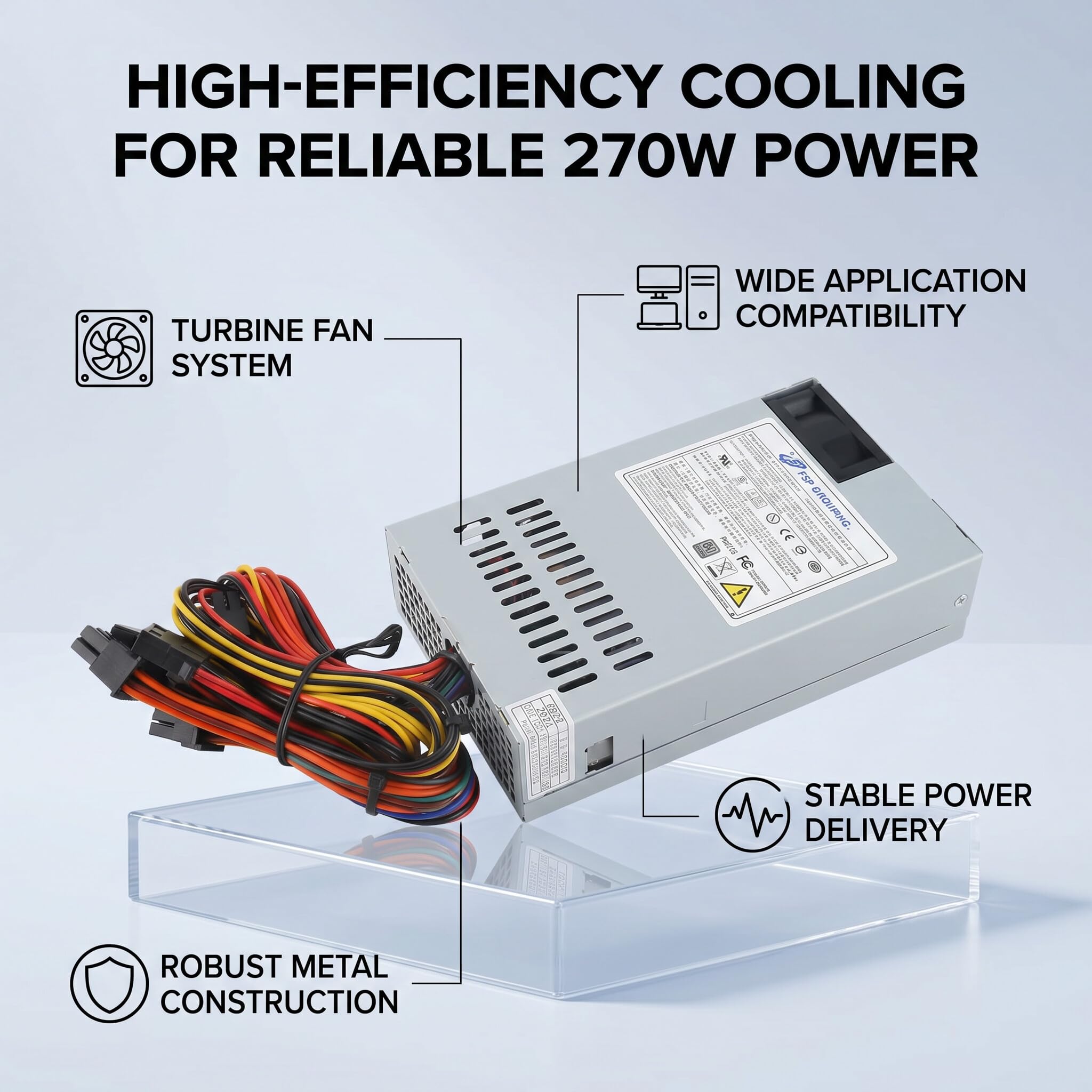 60LE 1U Turbina de Potencia Disipación de Calor Metal Fuerte Fuente de Alimentación de 270 W para Servidor de PC Compatible con Chasis Peque?o ITX y Servidores NAS