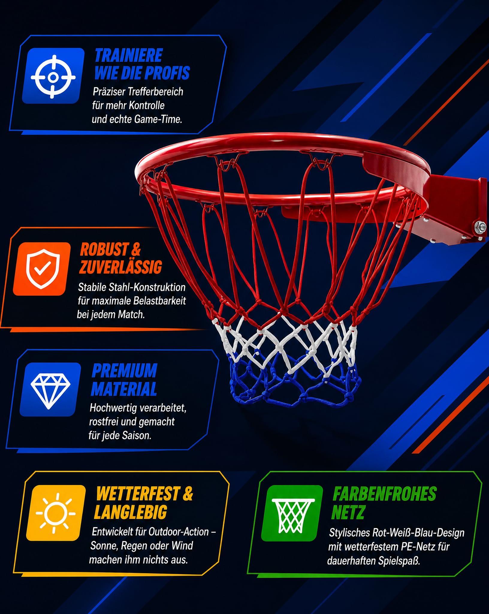 Canasta de baloncesto exterior montaje pared 45 cm anillo con red mecanismo basculante muelles certificados