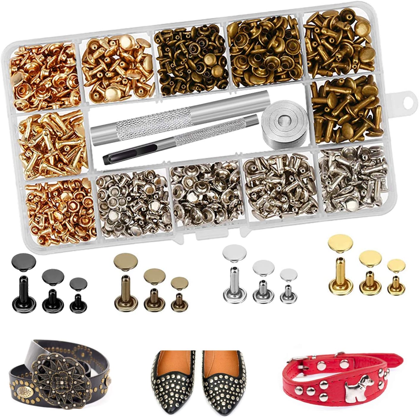 240 Sets Leather Rivets, Double Cap Rapid Rivet Tubular-4 Colors 3 Size Metal Studs Brass Rivets with Setting Tool Kit for DIY Leather Crafts/Shoes/Bag/Jeans/Clothes/Belts Repairs Decoration : Arts, Crafts & Sewing