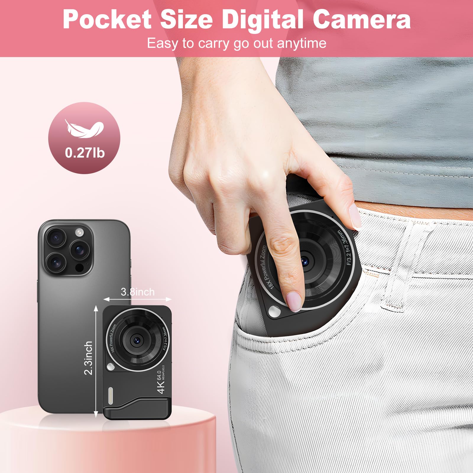 Fotocamera digitale, 4K 64MP, zoom 18x, fotocamera digitale punta e scatta con scheda TF da 64 GB e 2 batterie, piccola fotocamera ricaricabile portatile per bambini, adolescenti e adulti, nera