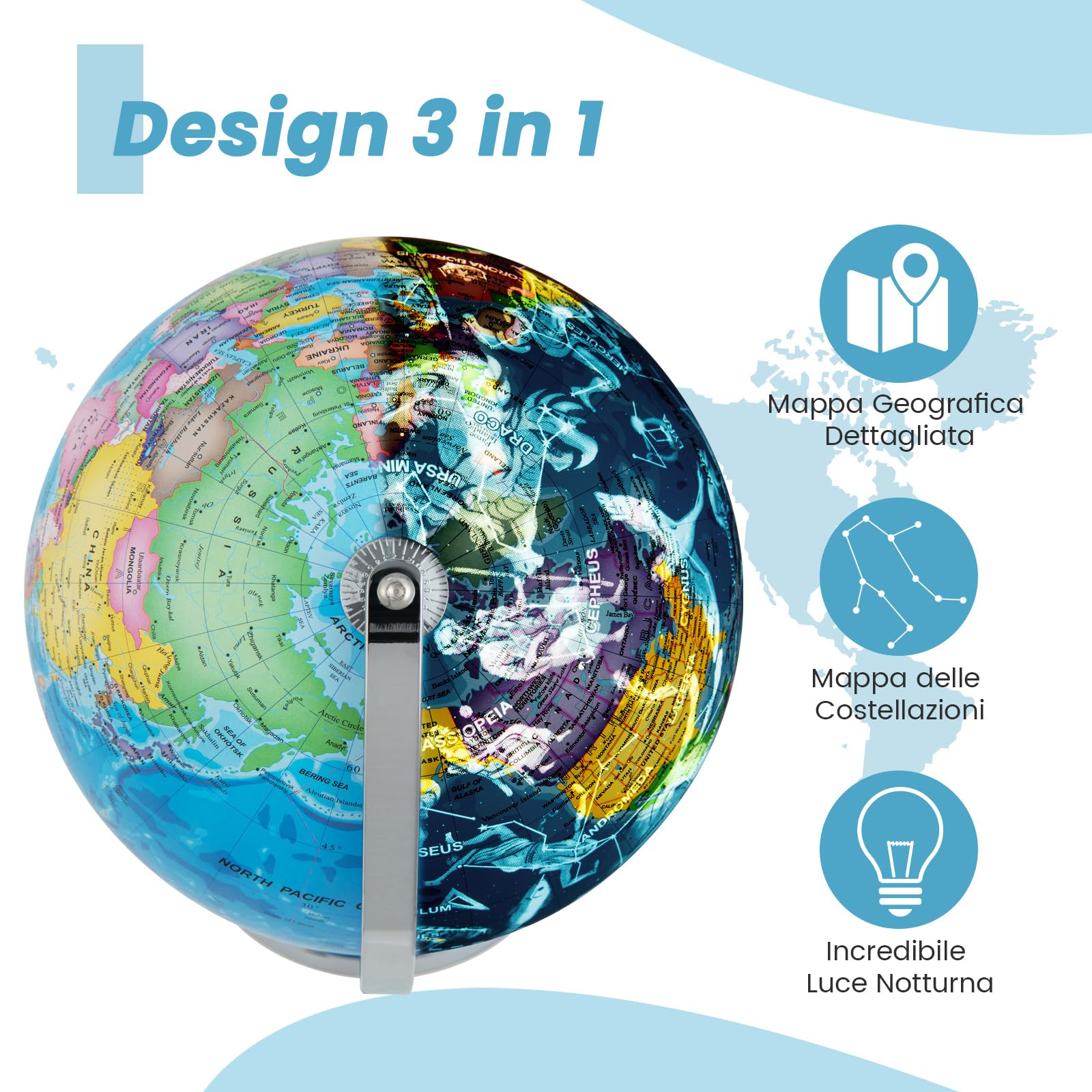 COSTWAY 23 cm Mappamondo 3 in 1, con Base e Luci (Inglese)