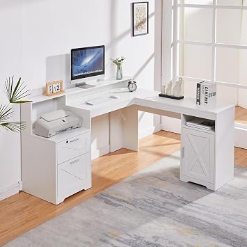 60" L Shaped Executive Desk with Printer Space,Corner Computer Desk with Power Outlets,Lockable Drawers & Adjustable File Cabnet,L Shaped Office Desk with Monitor Stand White