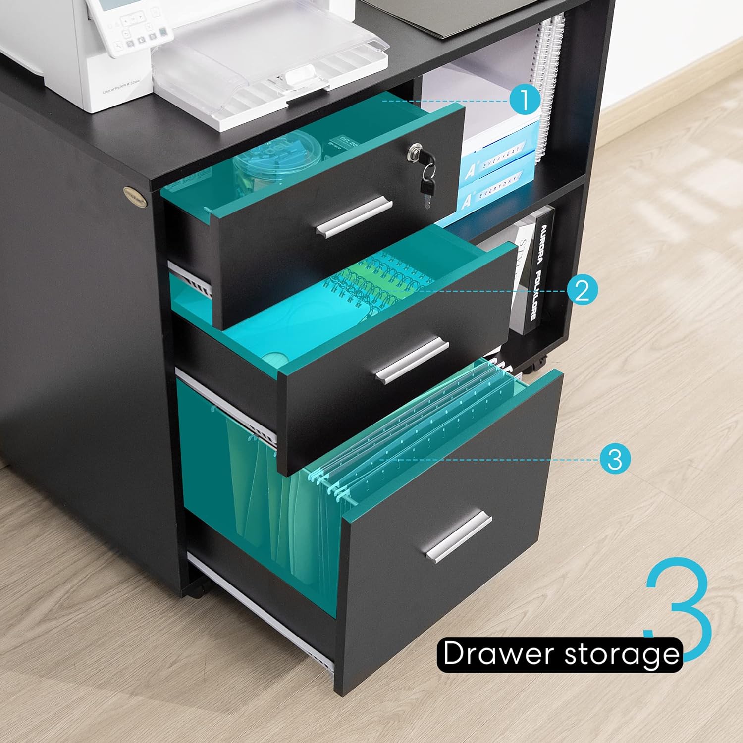 VIVOHOME Mobile File Cabinet with Open Storage Shelves, Rolling Printer Stand with Drawers, for A4 or Letter Size Hanging File Folders, Black : Office Products