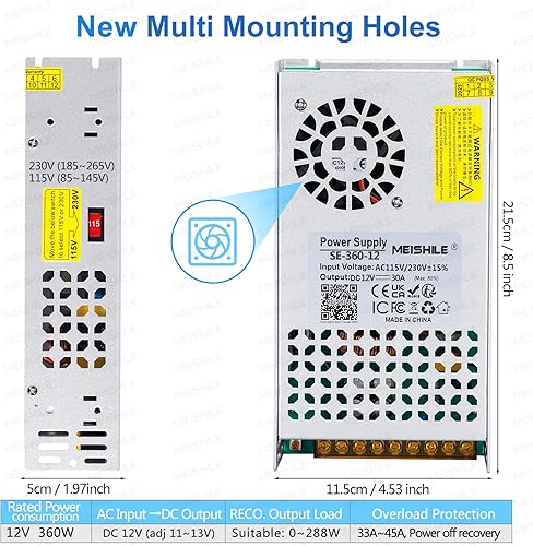 Miniatura 5 de MEISHILE Adaptador de fuente de alimentación de conmutación de 12 V, 30 A, 360 W, convertidor de transformador de CA a CC para lámpara de tira de