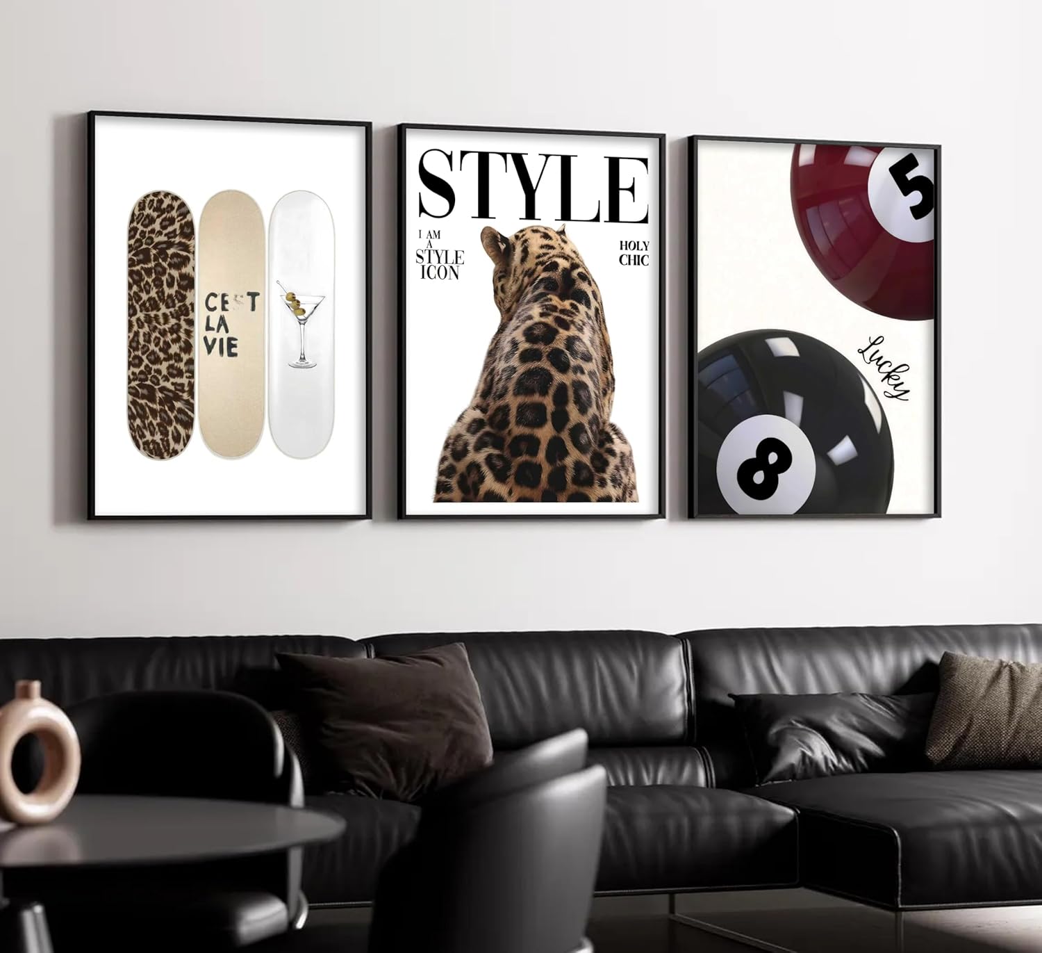 3Pcs Trendy Leopard Print Wall Art Funky Lucky 8 Ball Skateboard Prints Preppy Leopard Poster Print Artwork for Bedroom Living Room Apartment Dorm Home Decoration