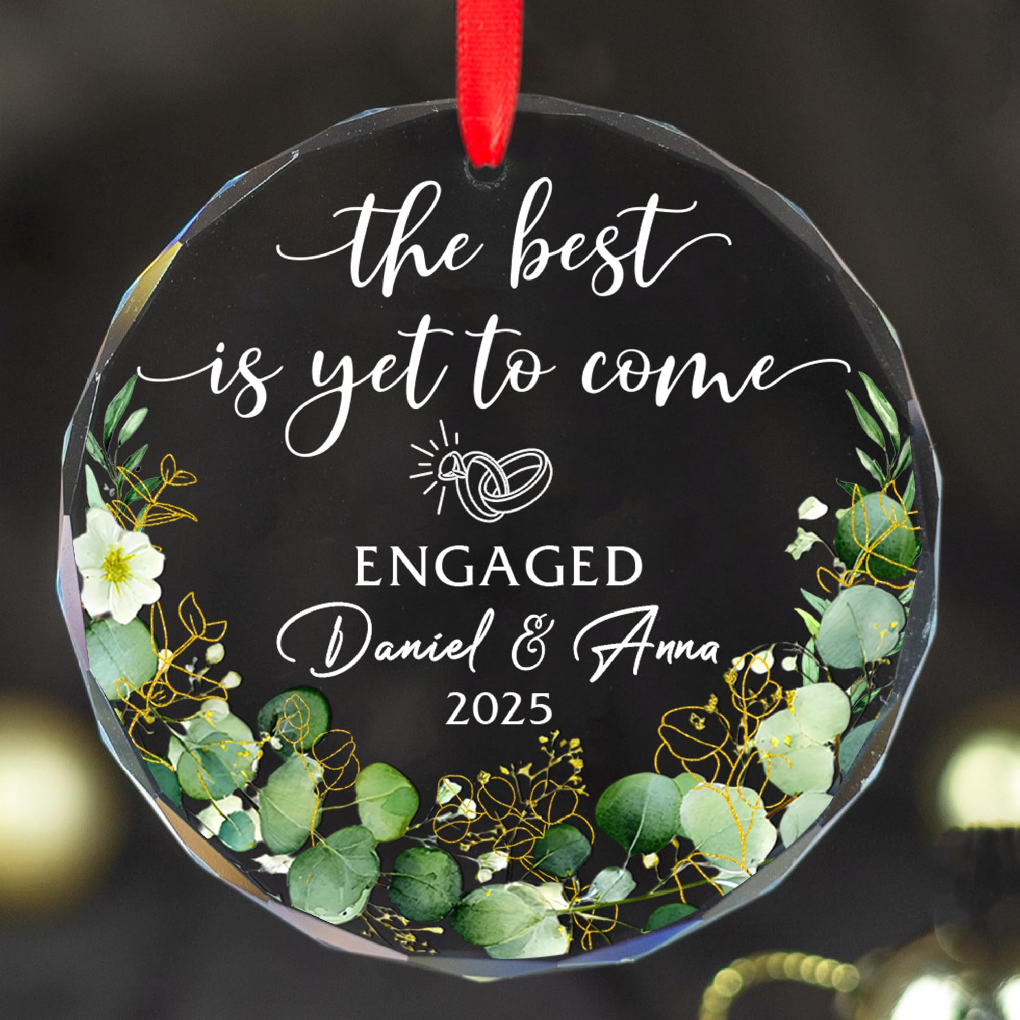 Personalized Engagement Glass Ornament 2025 – Custom Names &amp; Year Clear Glass Keepsake – Elegant Wedding or Bridal Shower Gift – Engaged Couple Christmas Decoration – Romantic Holiday Ornament