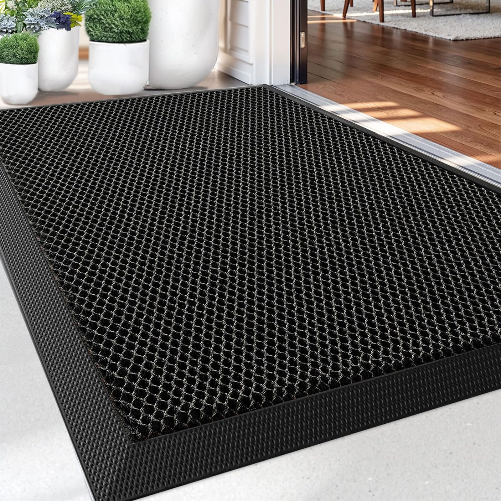 Paillasson d'extérieur noir 43x76 cm en silicone antidérapant et durable pour entrée