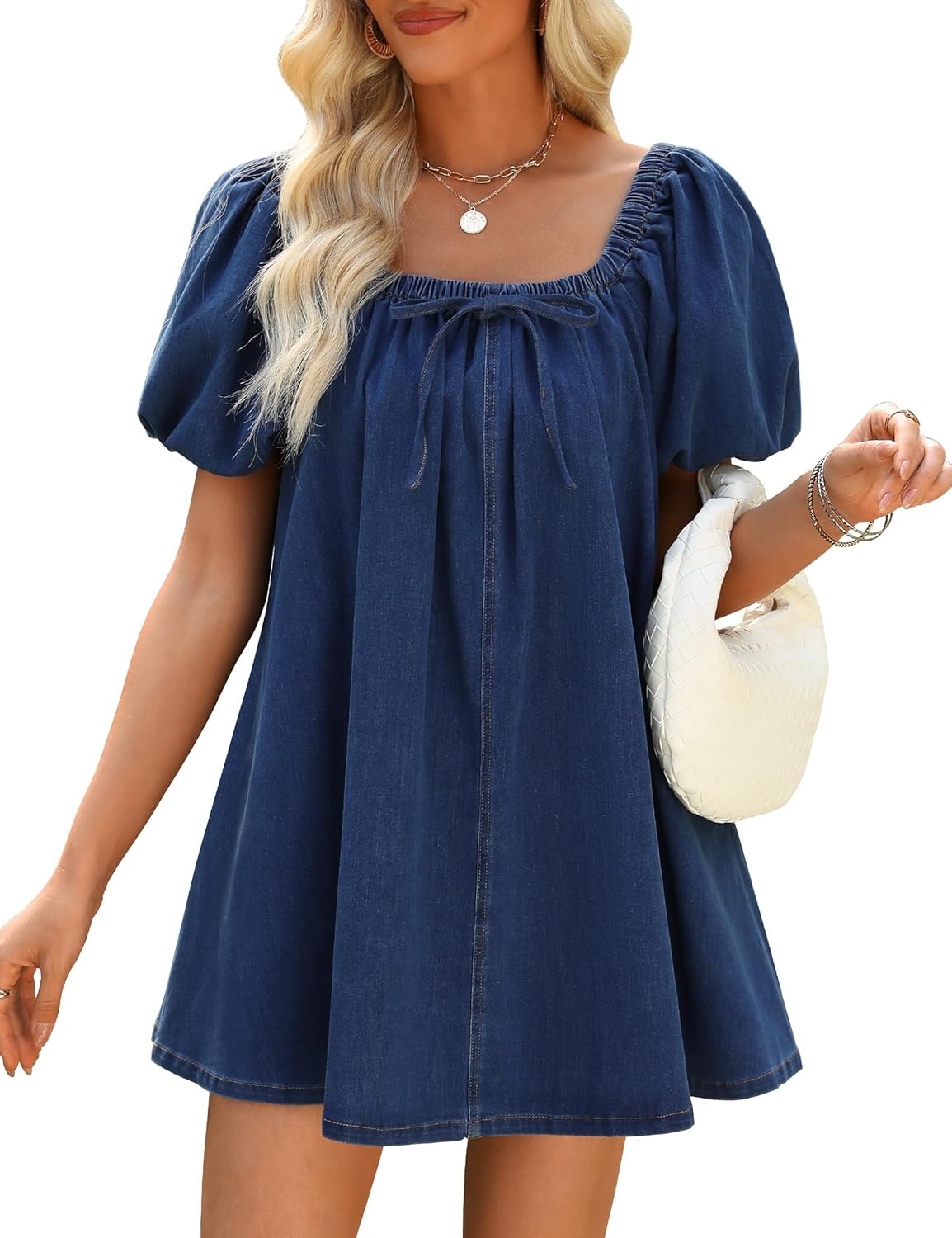 Denim Dress for Women, Puff Short Sleeve Jean Dress Square Neck Denim Romper with Pockets