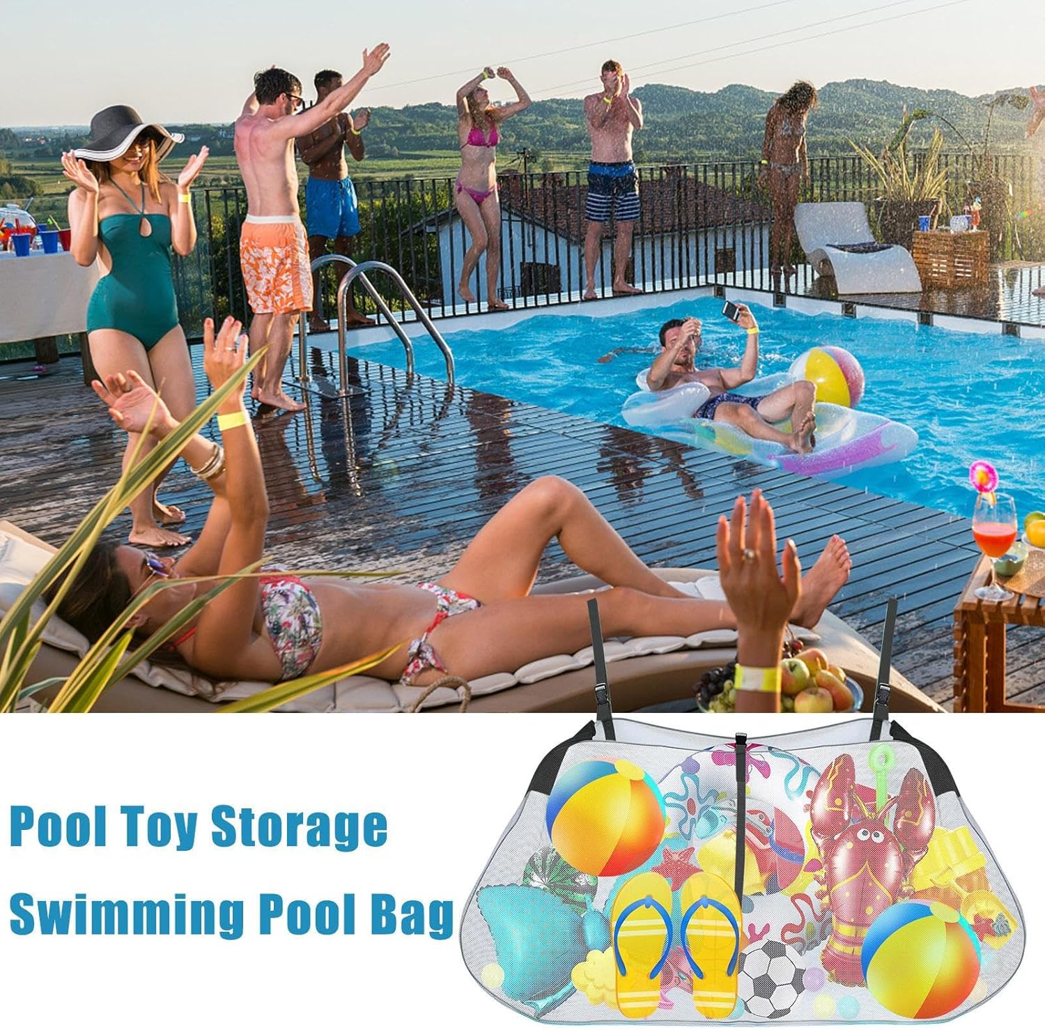 Pool Floats Storage Bag | Hanging Pool Storage Bag | Multipurpose Swimming Pool Mesh Organizer | Swimming Pool Accessories Toy Organizer for Inflatables, Pool Toys, Floats, Football, Basketballs