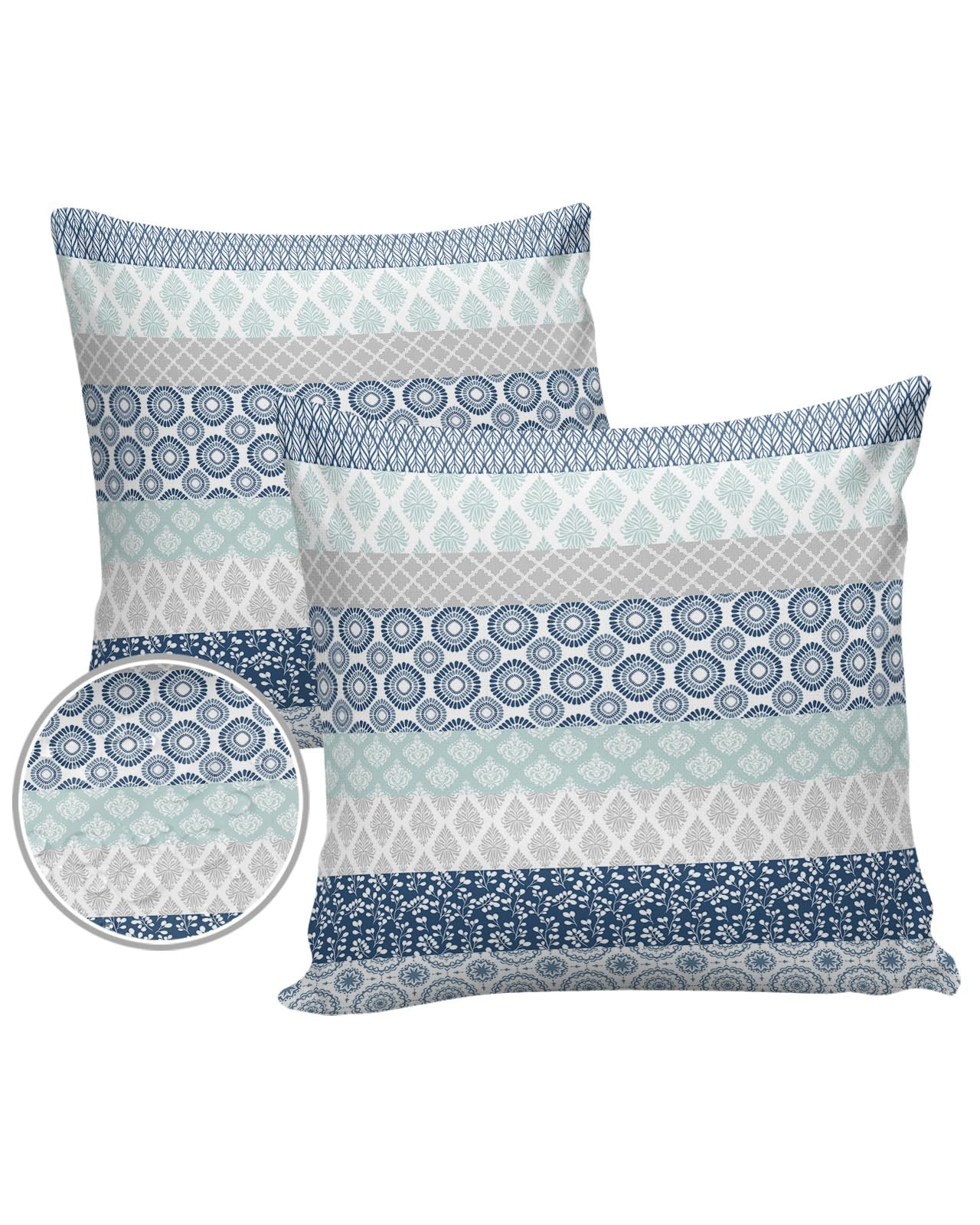 Outdoor Pillows Waterproof Pillow Covers Set of 2 Bohemia Blue Grey Polyester Throw Pillow Covers Garden Cushion Case for Patio Funiture Sofa Decoration 24x24inch Stripes Boho Chic Geometric