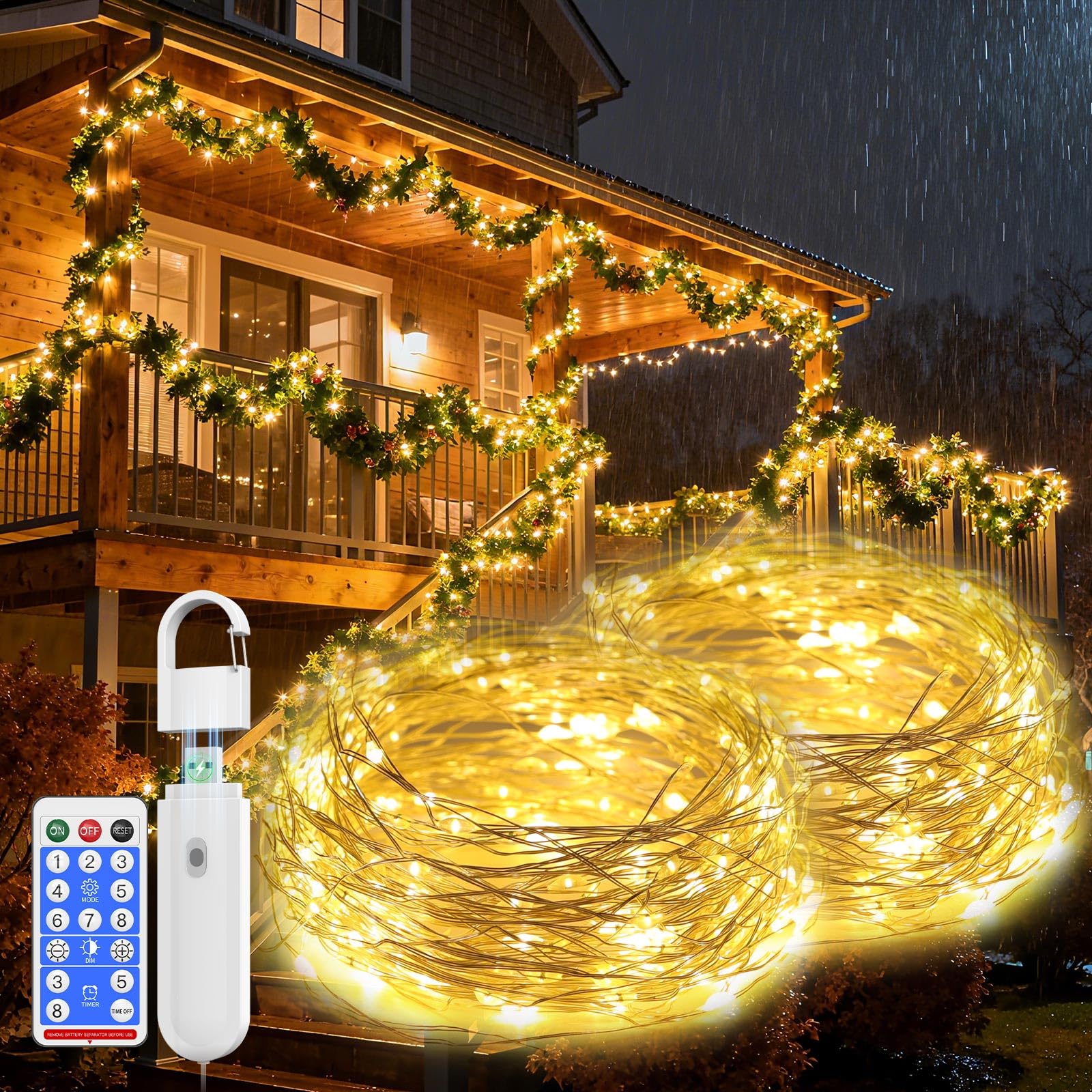 Detachable Rechargeable Fairy Lights 10m, 100 LED String Lights with Remote & 8 Modes, IP67 Waterproof Outdoor & Indoor, No Battery Replacement, USB Charge for Garden Bedroom Christmas Decor, 2Pack