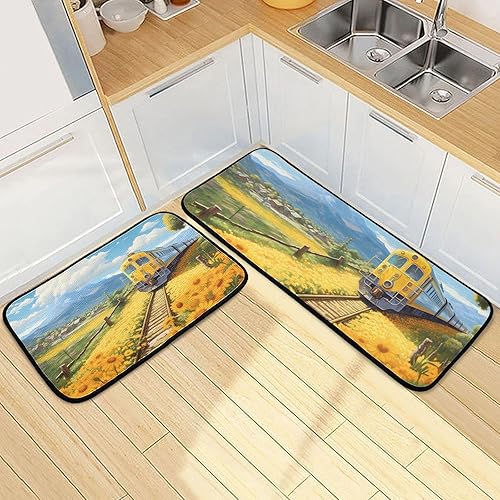 Miniatura 2 de Spring Field Train Kitchen Mat 2 Pcs Set, Low Pile Kitchen Rugs Cushioned Water Absorbent Washable Floor Mats for Kitchen Sink Laundry Room