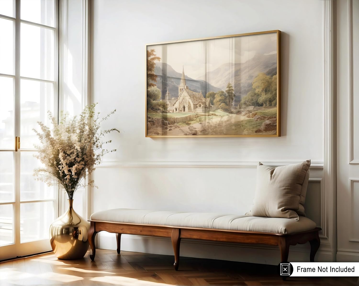 Poster Master Vintage Countryside Church Painting Poster - Retro Landscape Print - Chapel & Mountain Art - Church Print - Aesthetic Artwork - Great Living Room or Office Decor - 8x10 UNFRAMED