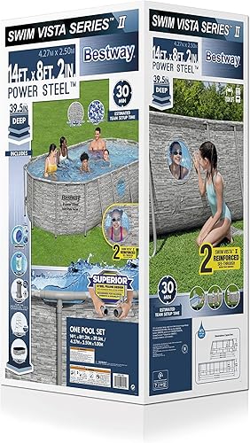 Vista 13 de Bestway 56631E-BW - Juego de piscina de verano con marco ovalado de acero eléctrico sobre el suelo, bomba de filtro y escalera de seguridad, 14 x 8