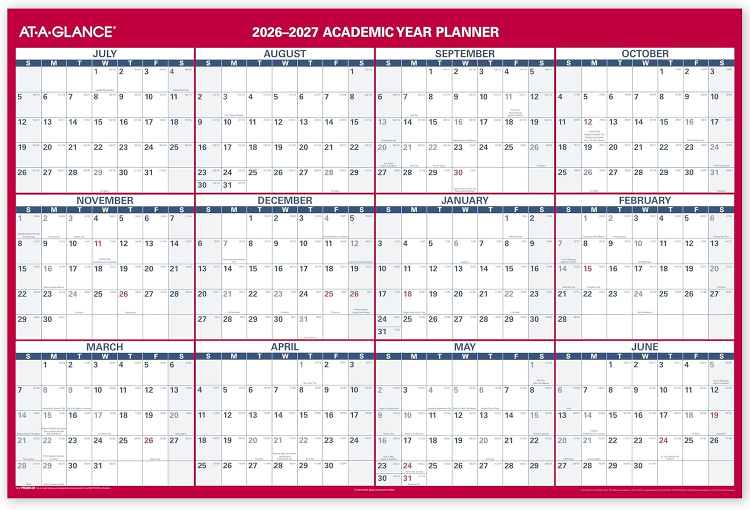 AT-A-GLANCE Dry Erase Calendar 2026-2027 Academic & Regular Year Wall Planner, 12-Month, 48" x 32", Double Sided, Horizontal (PM326S28)