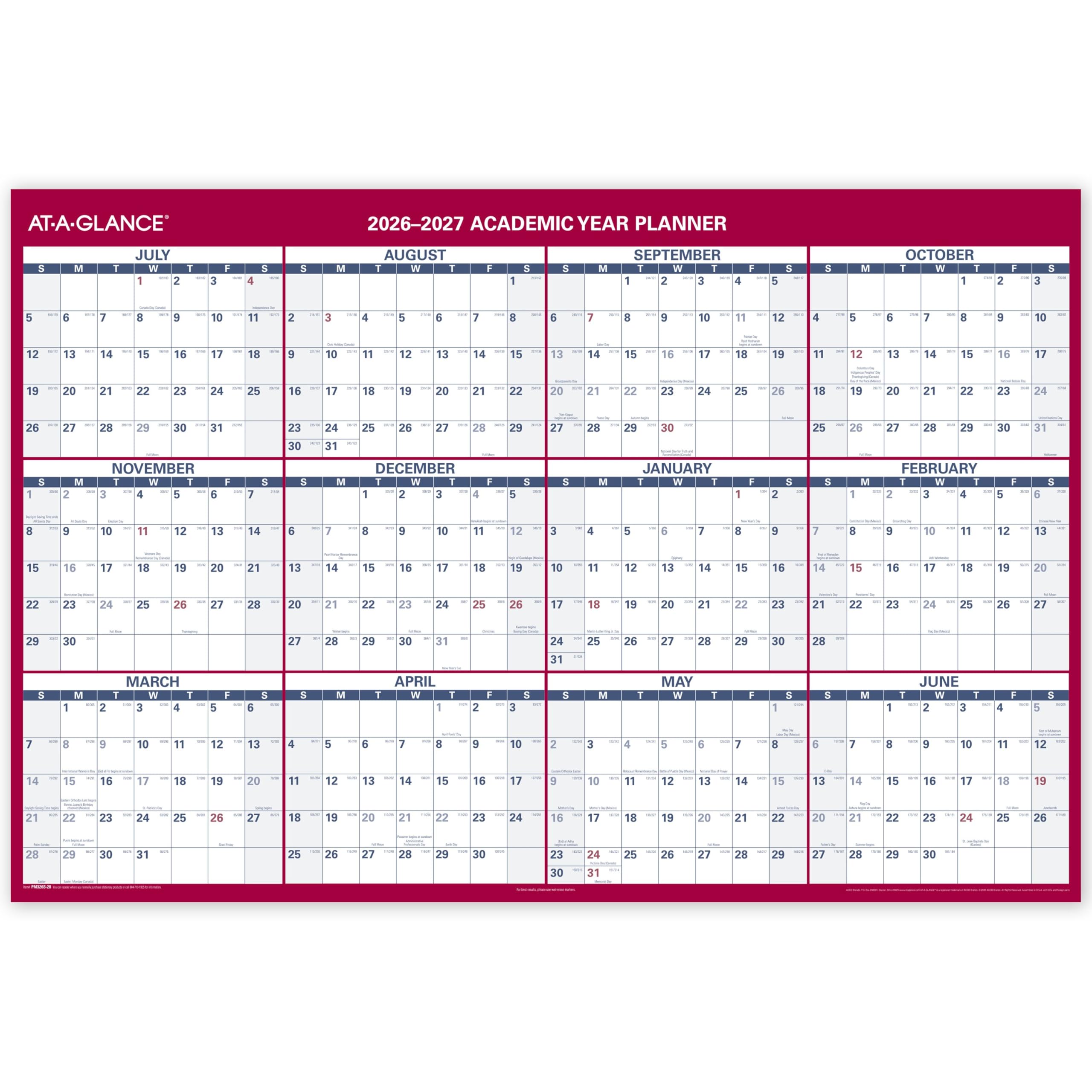 AT-A-GLANCE PM326S28 Kalender 2026–2027, trocken abwischbar, akademischer und normaler Jahresplaner, 12 Monate, 121,9 x 81,3 cm, doppelseitig, horizontal
