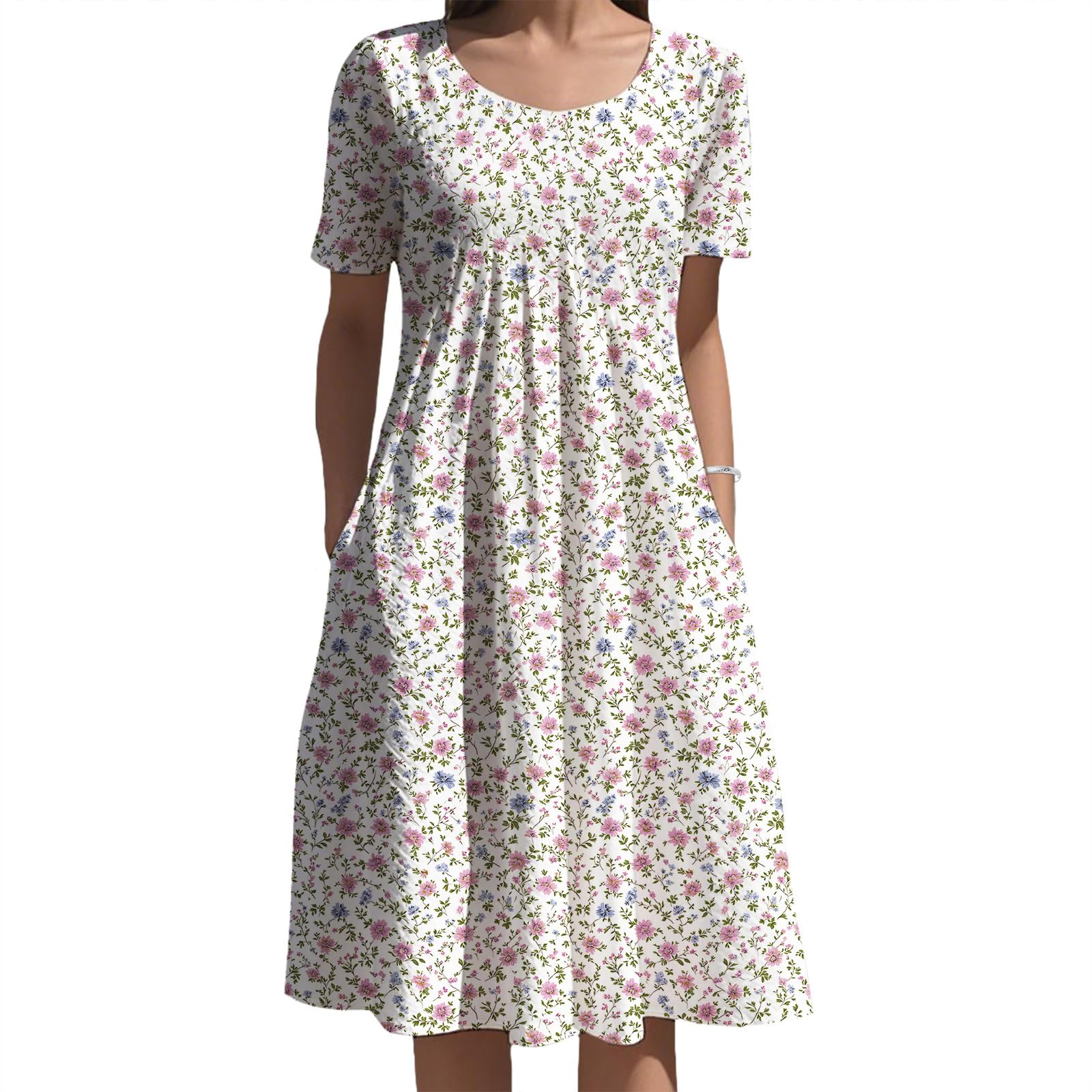 Tiny Floral Midi Dress with Pockets Short Sleeve High Waist Crewneck Knee Length Flowy Sundress Summer Beach