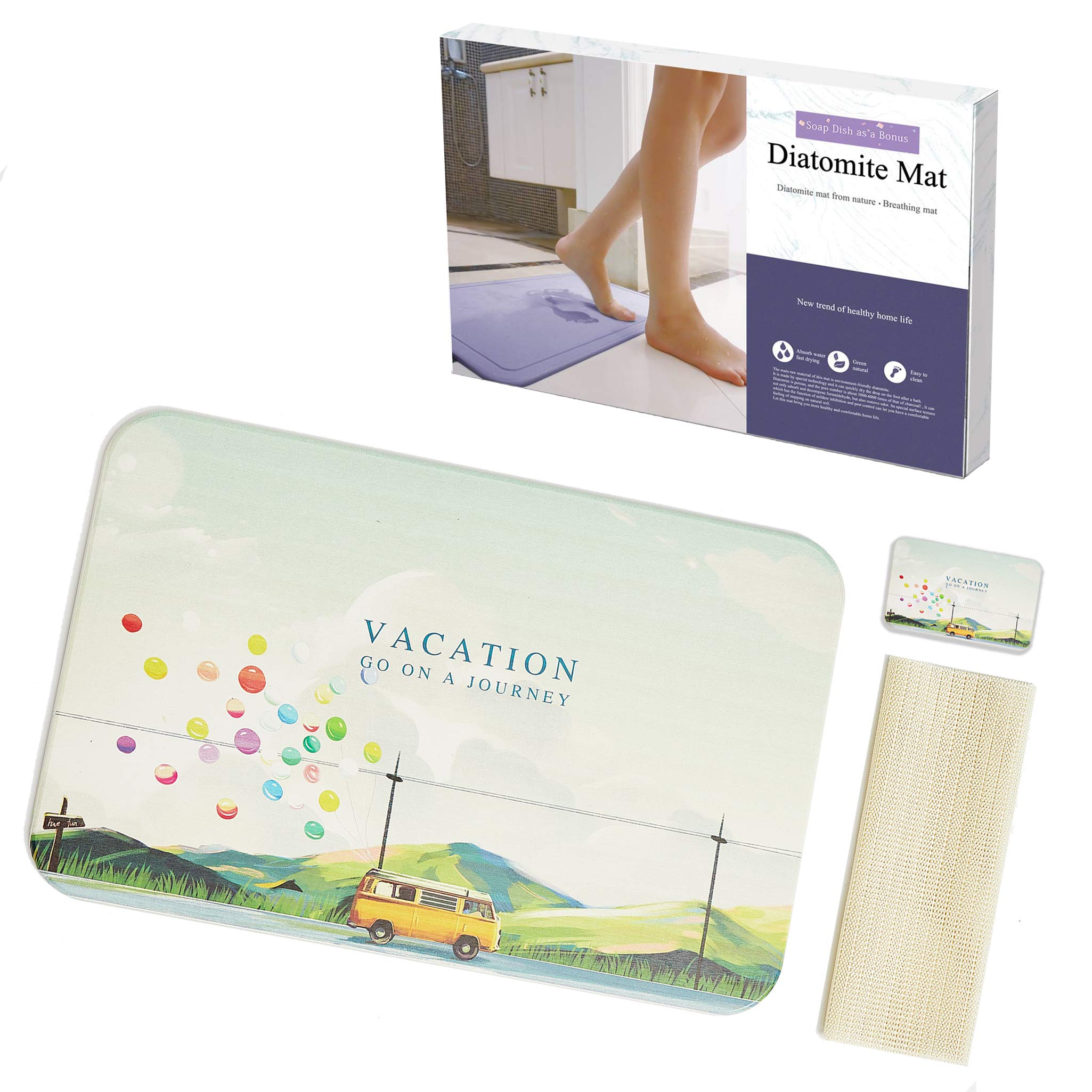 Japanese Style 23.6'' x 15.3'' Fast Water Absorbing Diatomite Stone Bath Mat with Anti-Slip Pad and Soap Dish, Printed