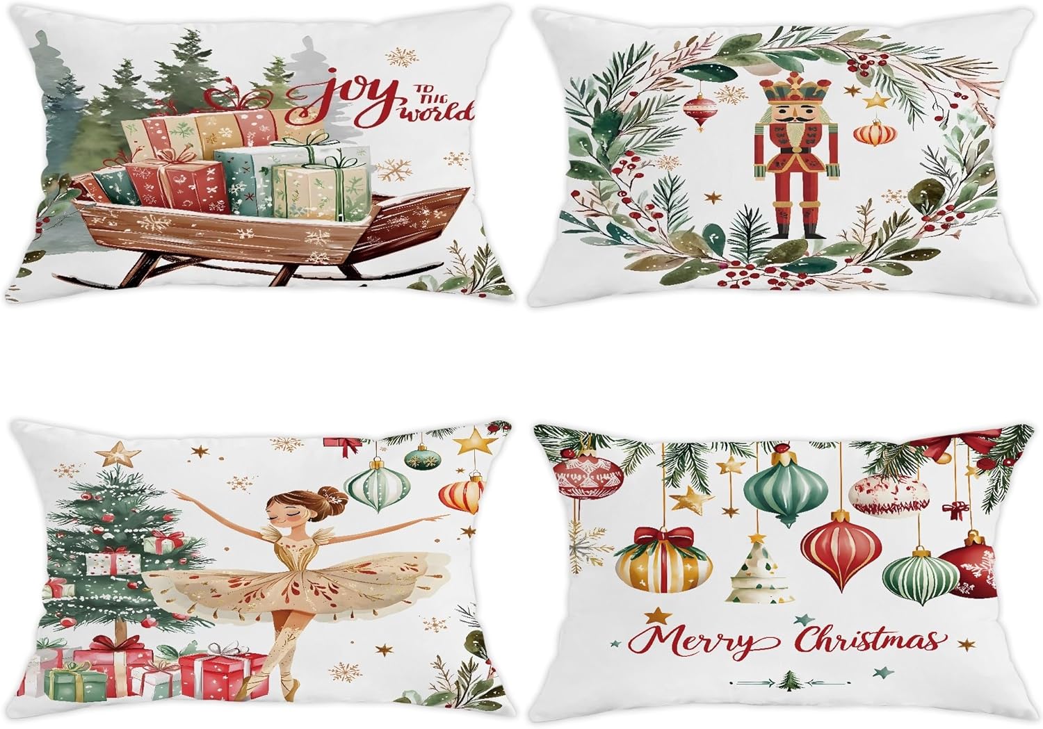 Christmas Throw Pillow Covers Set of 4, Festive Green and Red Holiday Cushion Cases, Decorative Square Seasonal Farmhouse Decor for Home Sofa Bed Couch 26x26 Inch