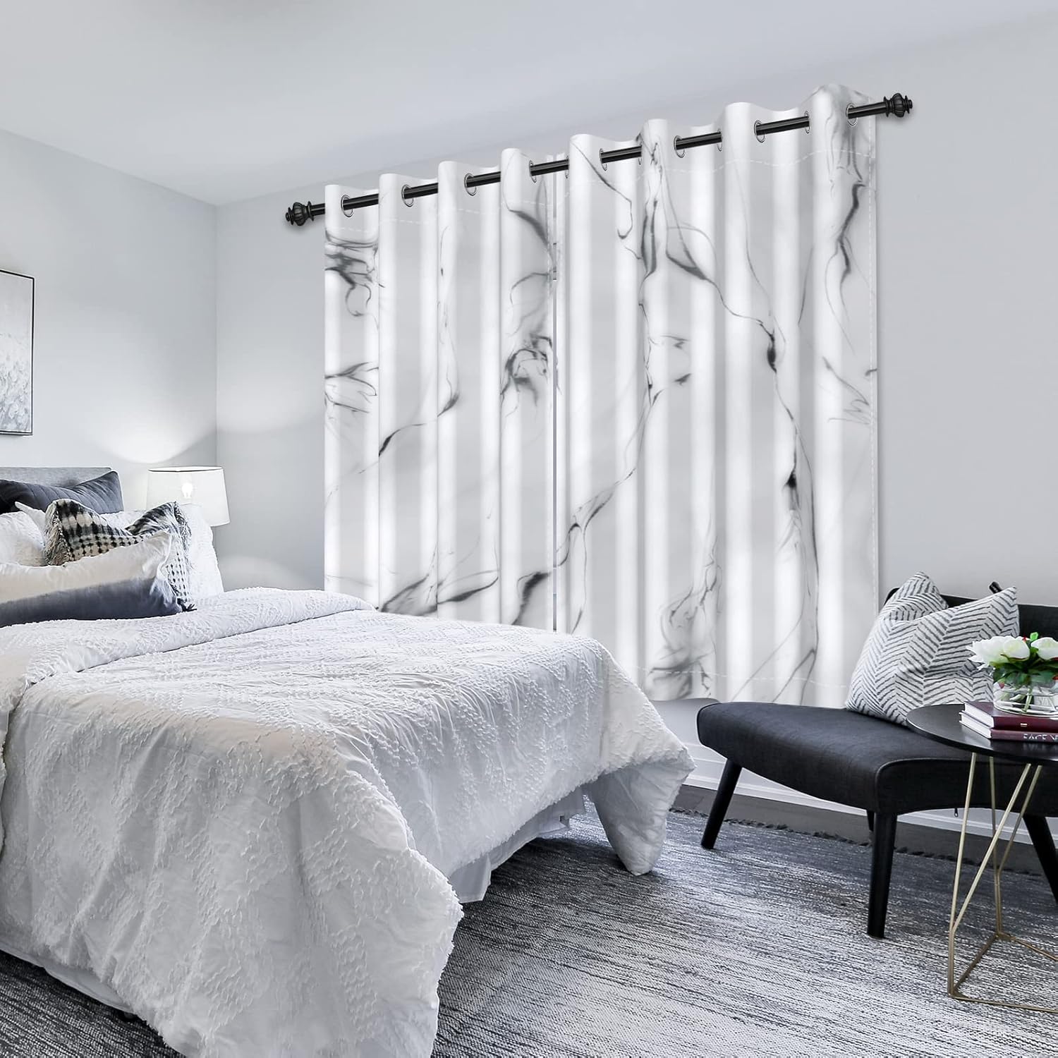 Blackout Curtain Window Drapes Thermal Insulated Marble White Room Darkening Curtains for Living Room Bedroom Window Treatments 2 Panels Set 42x63 inches