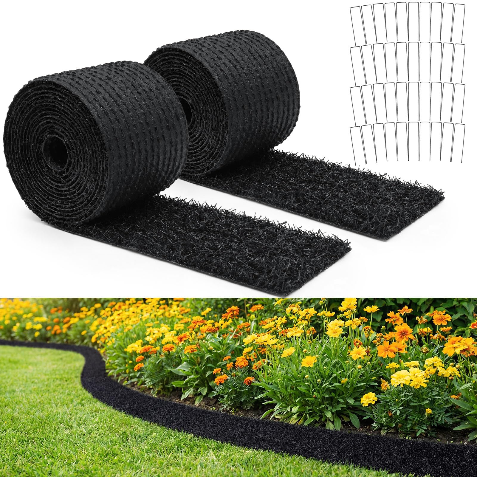 Nuanchu 5.5 in x 40 ft Recycled Rubber Walkway, Black Rubber Mulch Mat Roll for Landscaping Outdoor, Imitation Grass Design Natural Looking Mulch Solution for Garden Pathway, Barrier & Edging Border