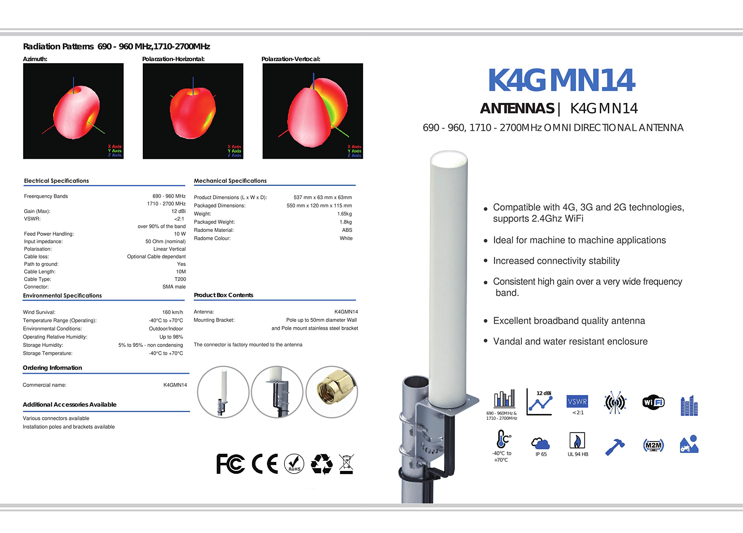KASER Antena 4G LTE Exterior Mimo Omnidireccional 698-2700 MHz Conector SMA con Adaptador CRC9 TS9 Compatible con Router 4G Ganancia hasta 12 dBi Recepción a más de 15 km (2 x 10 m de Cable)