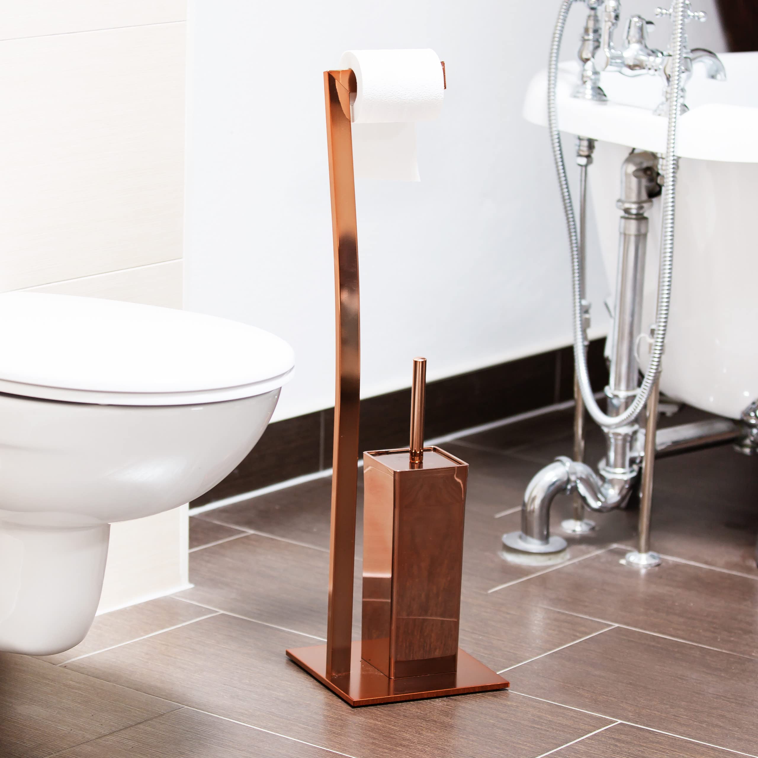 Relaxdays Escobillero Portarrollos de Pie Cuadrado WIMEDO, Acero Inoxidable, Cobre, 71 x 20 x 20 cm