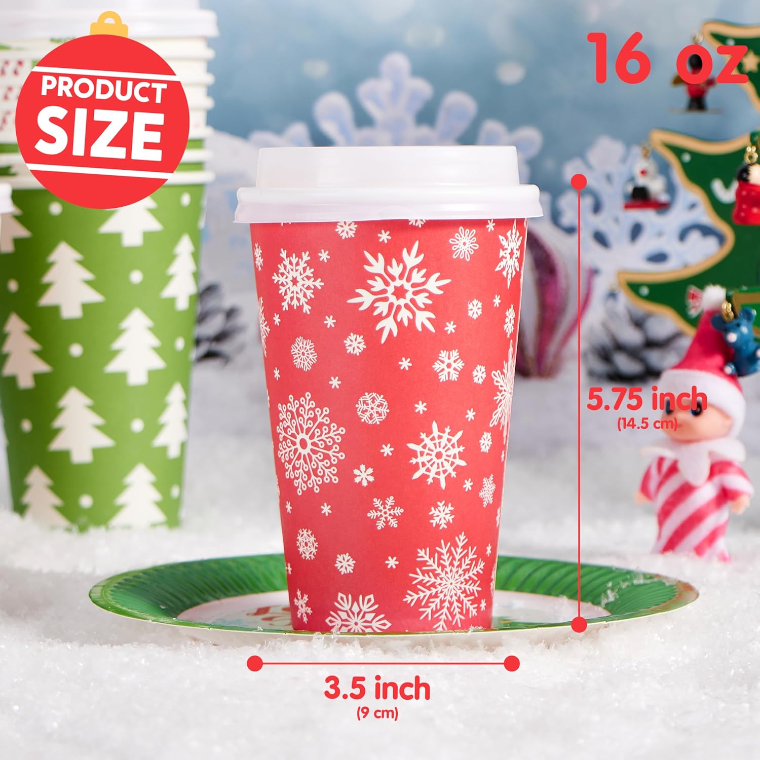 JOYIN 48 Pcs 16 oz Christmas Disposable Cups with Sleeves and Lids, 6 Designs Xmas Drinking Paper Cup For Hot Chocolate Coffee Cold Beverage Holiday Tableware Winter Party Supplies Favors