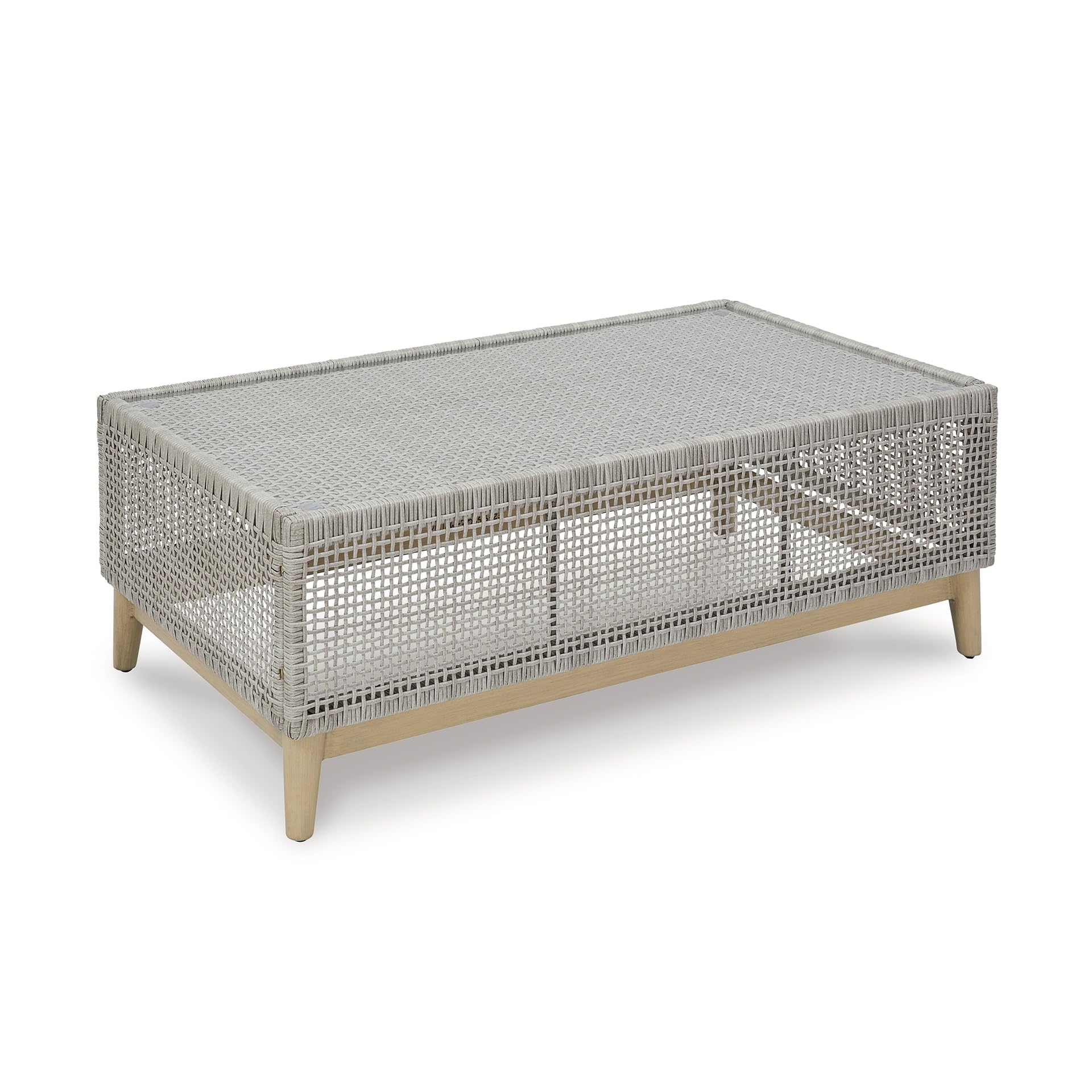 Condition photo showing New/Like New for signature design by ashley seton creek casual resin wicker outdoor coffee table with tempered glass tabletop, light gray & light brown