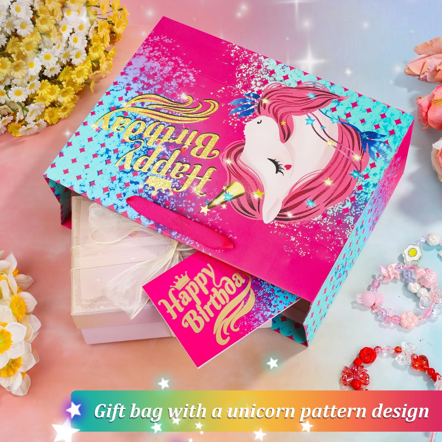BeiLaad Unicorn Happy Birthday Gift Bag with Greeting Card and Tissue Paper, Birthday Gift Bags for Kids Girls Medium - Image 6
