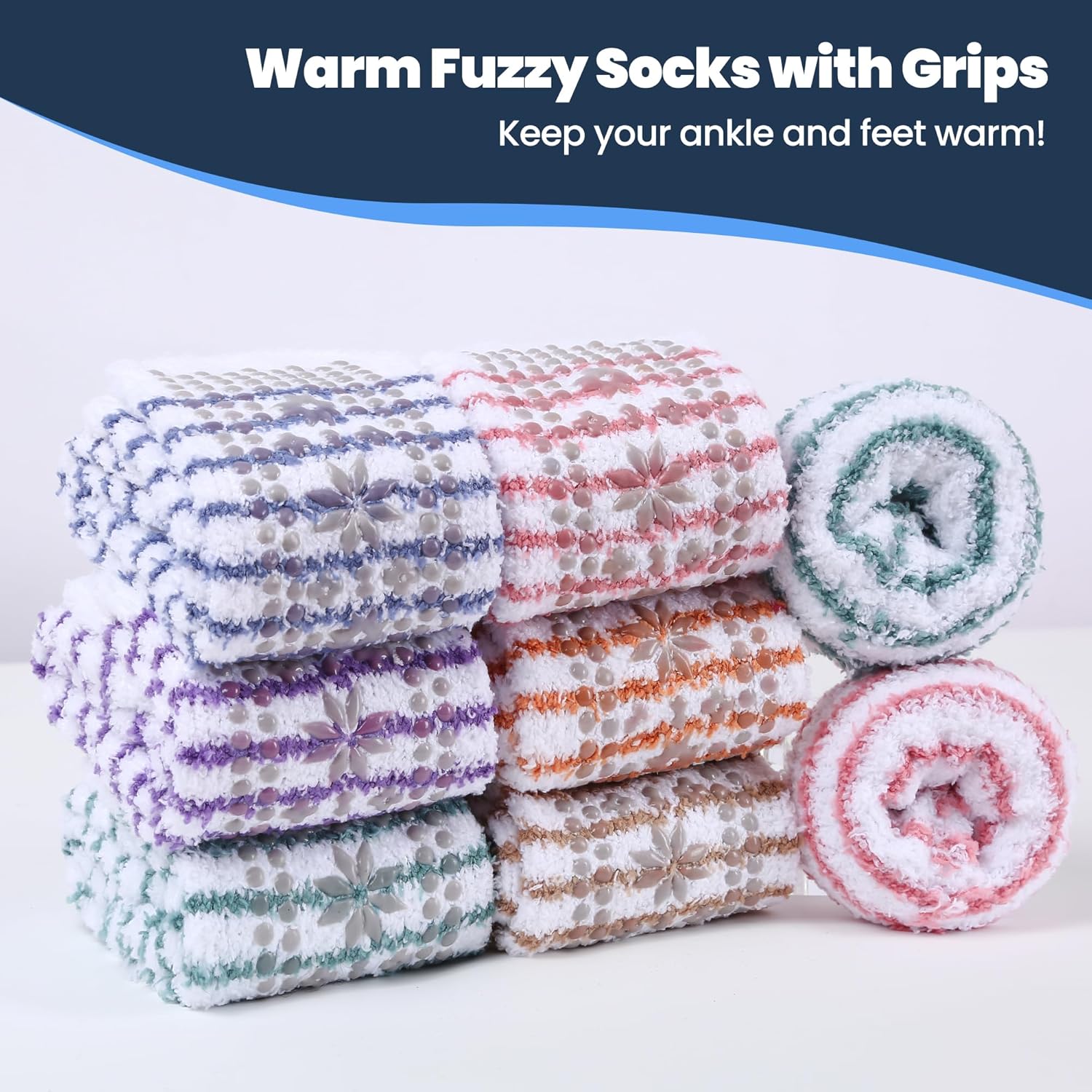 HUGSWEET 6 Pairs Thick Fuzzy Socks with Grip Cozy Non Slip Hospital Socks Home Fluffy Warm Slipper Socks Gifts for Women - Image 4