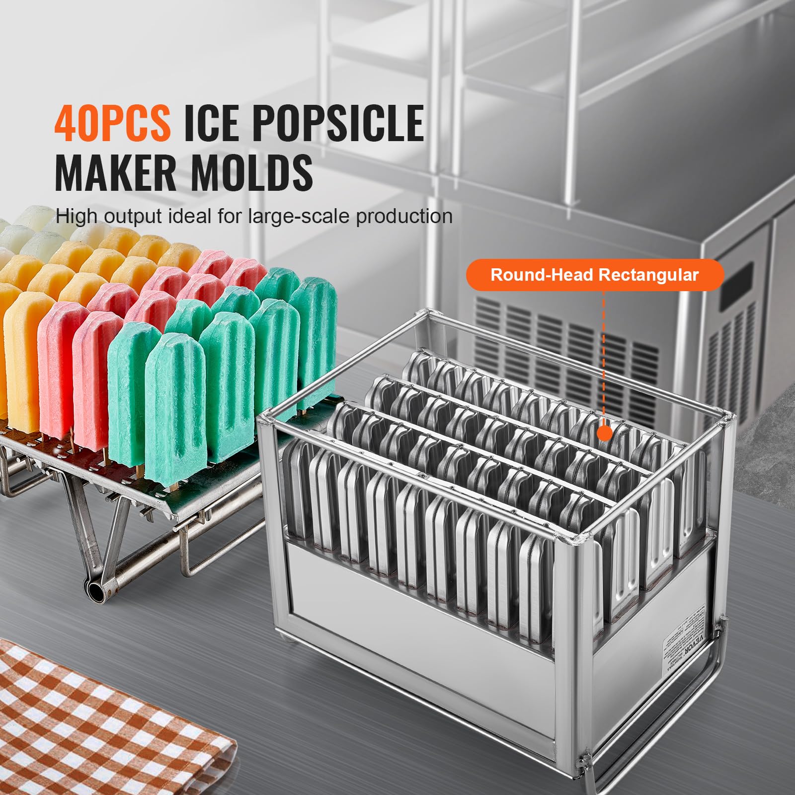 VEVOR Commercial Popsicle Molds, 40PCS Round-Head Ice Pop Molds with Double Slot, Stainless Steel Ice Lolly Popsicle Molds, Ice Cream Maker Mold Holder with 50PCS Popsicle Sticks & Bags